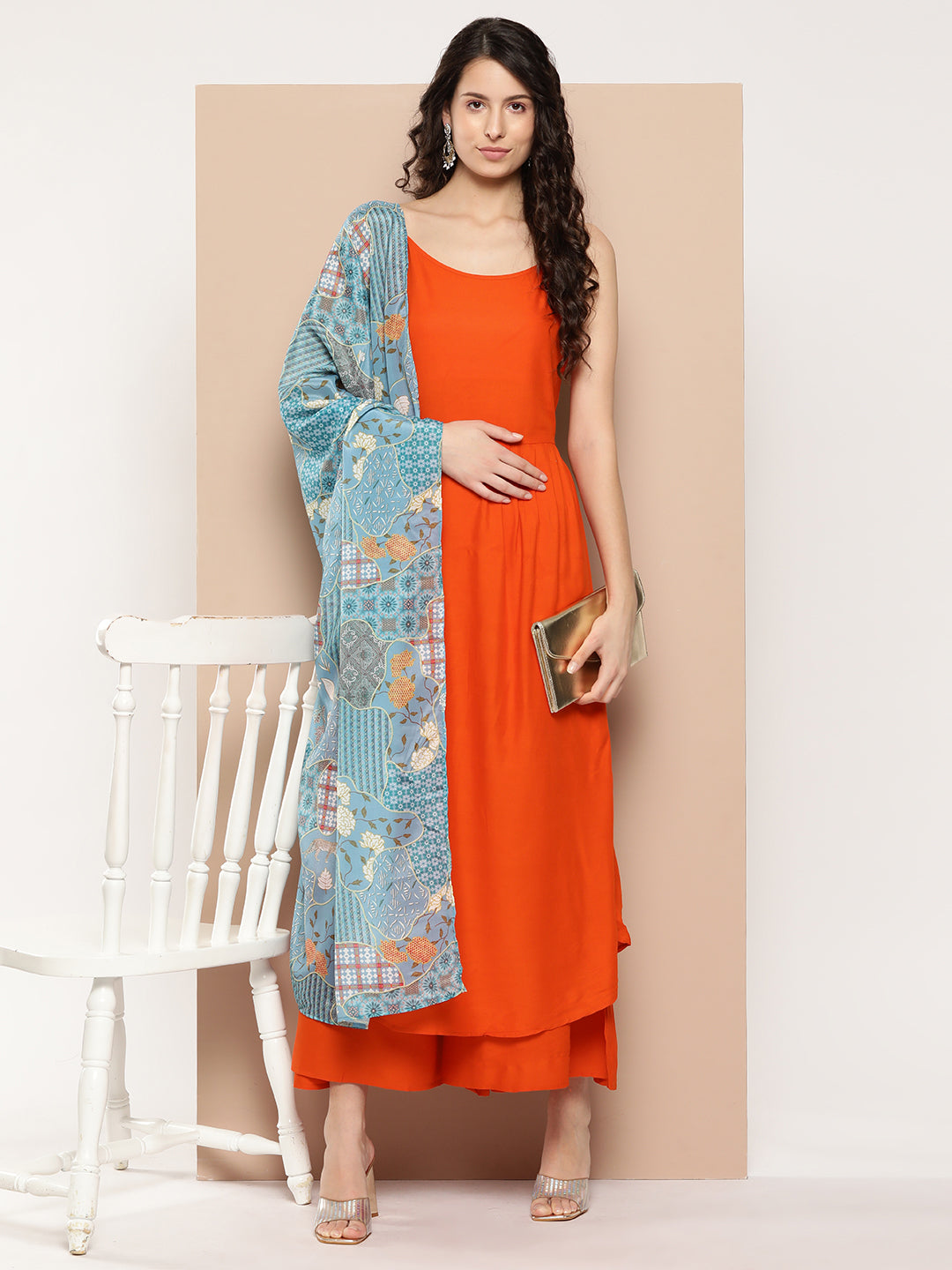 InWeave Women's Orange Strappy Set With Blue Chinnon Print Silk Dupatta - Swadesiicart