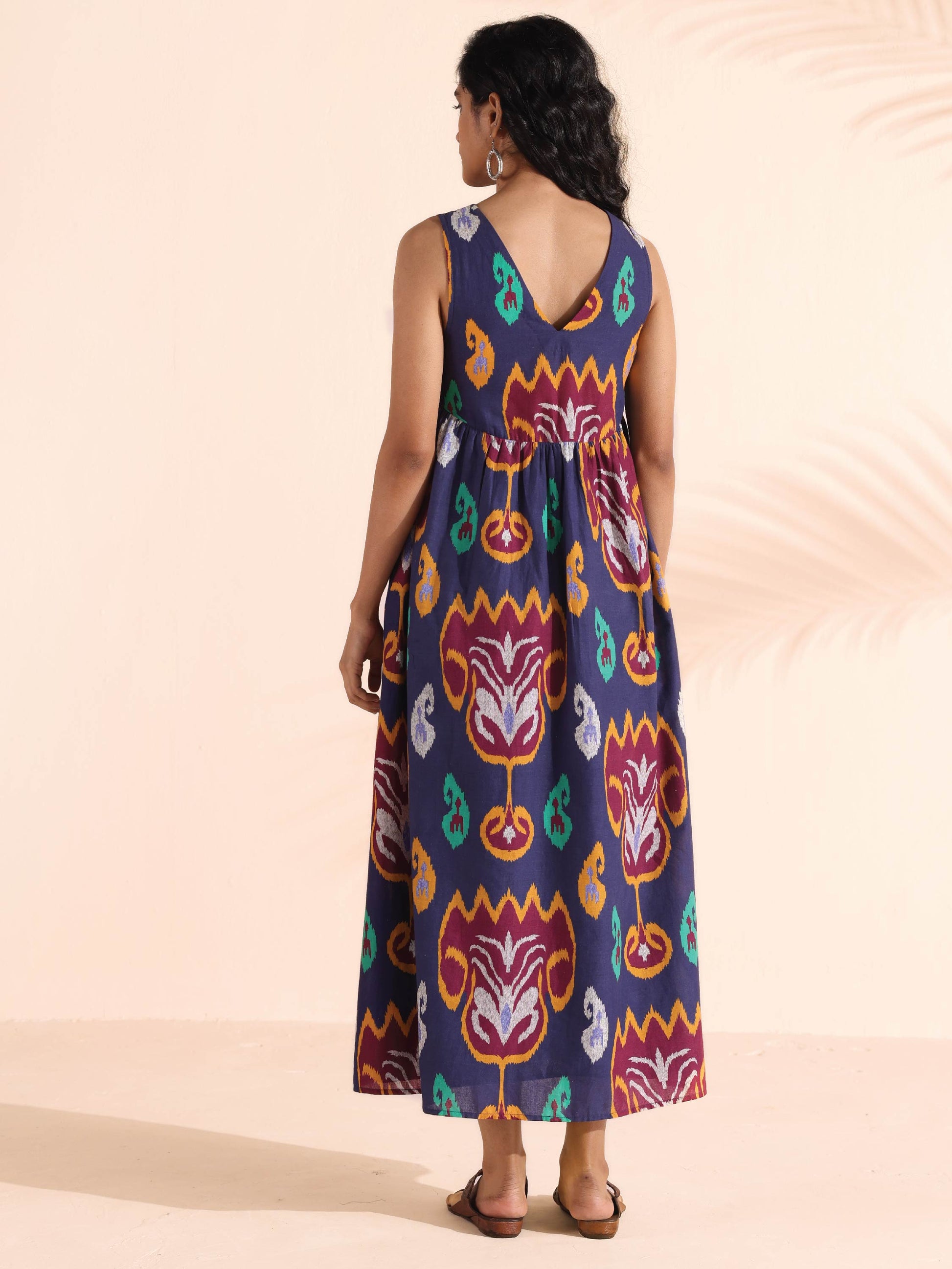trueBrowns Purple Cotton Ikat Flared Dress | Swadesiicart