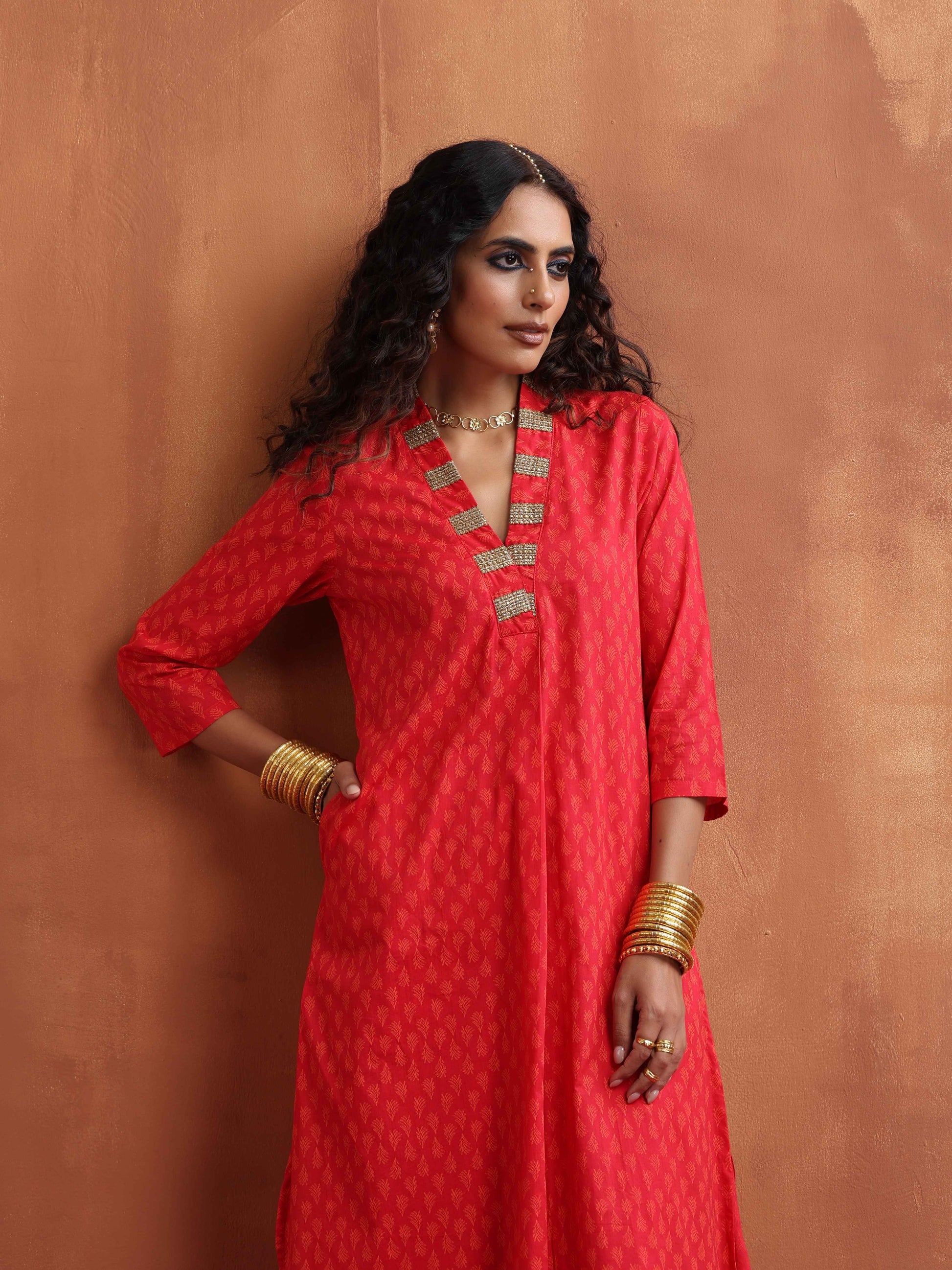 trueBrowns Red Print A-line Kurta Set | Swadesiicart