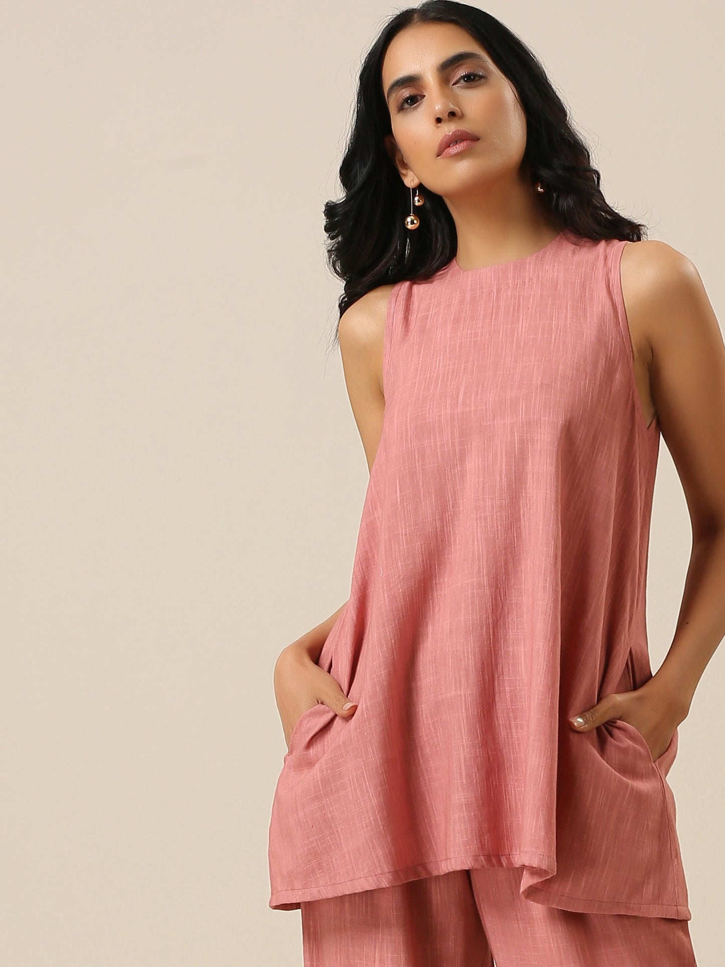 trueBrowns Light Mauve Slub Textured Sleeveless Short Co-Ord Set - Swadesiicart