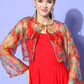 InWeave Women's Red Strappy Set With Green Floral Short Organza Cape - Swadesiicart