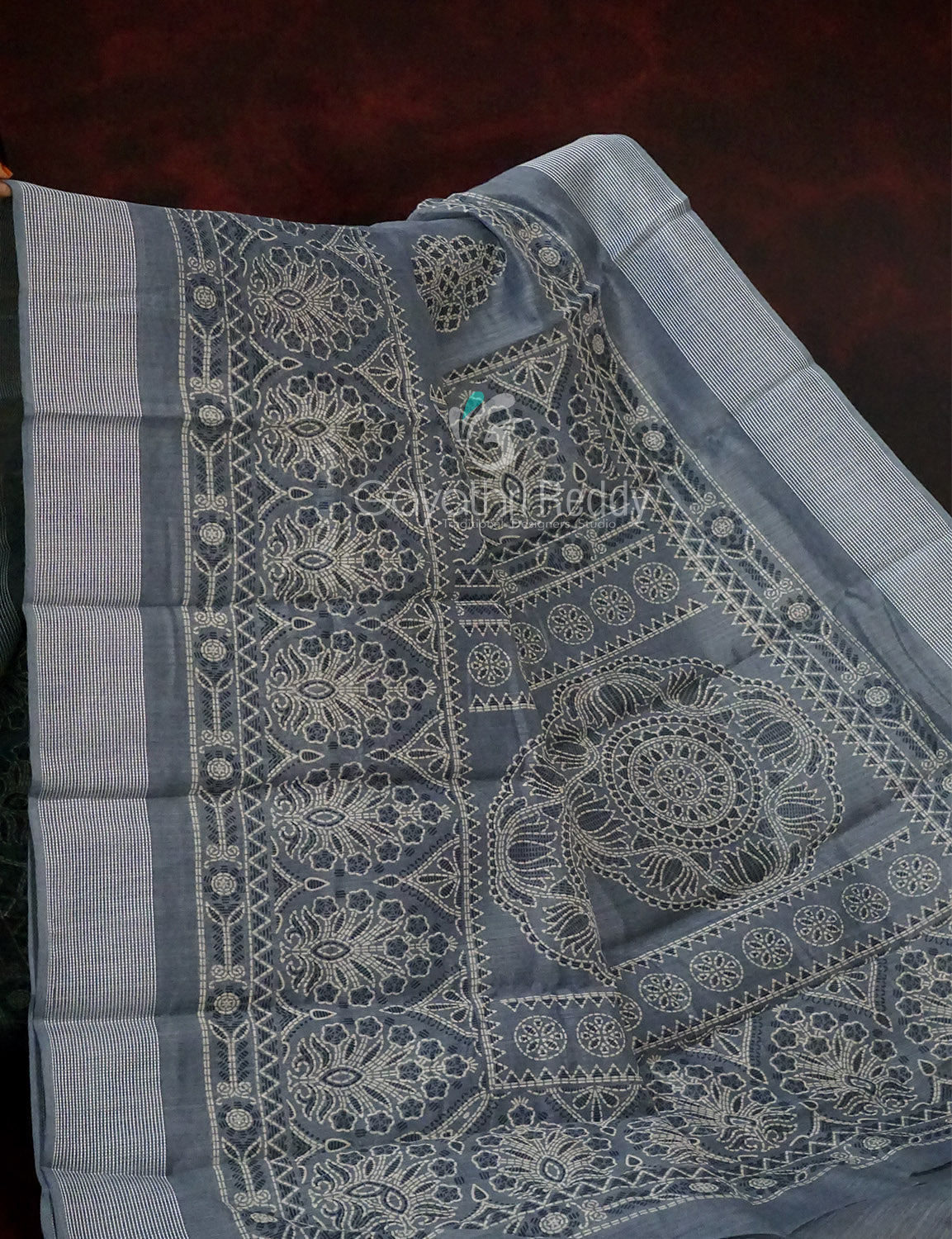 Powder Grey Coloured Block Print Semi Chanderi Saree By Gayathri Reddy Designer Studio | Swadesiicart