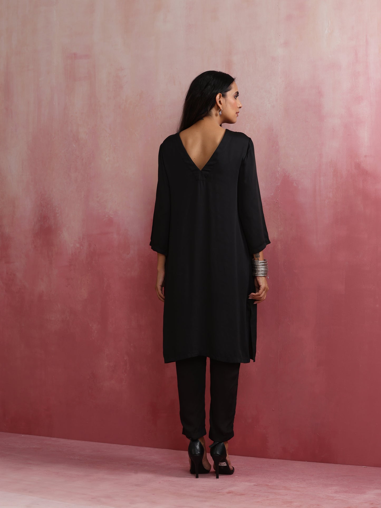 trueBrowns Black Modal Round Neck Kurta Co-ord Set - Swadesiicart