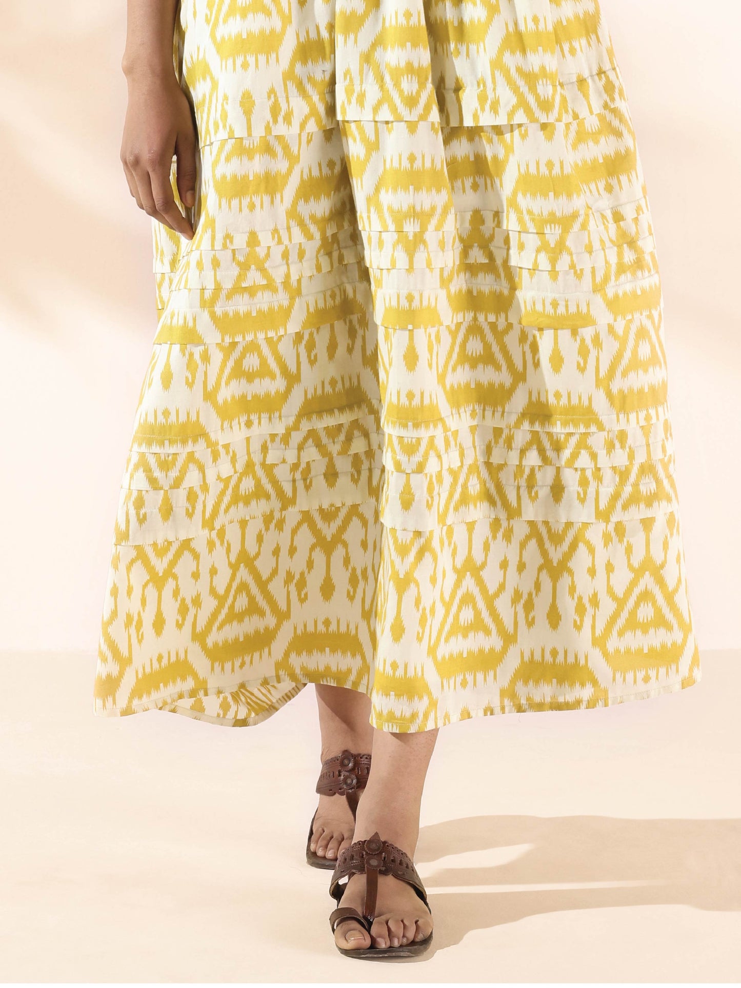 trueBrowns Lime Cotton Ikat Sleeveless Flared Dress | Swadesiicart
