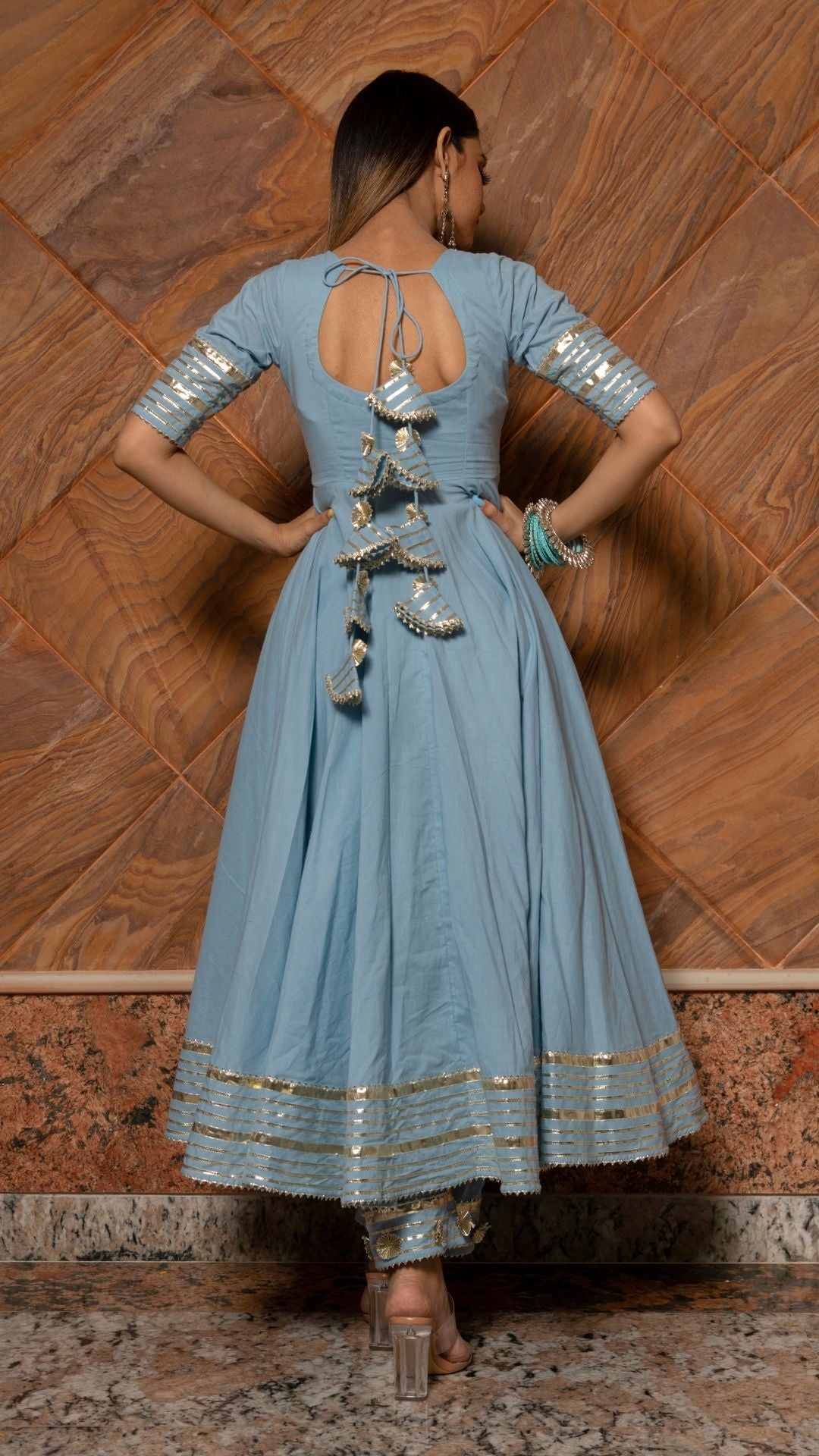 Pomcha Jaipur Powder Blue Pure Cotton Anarkali Set | Swadesiicart