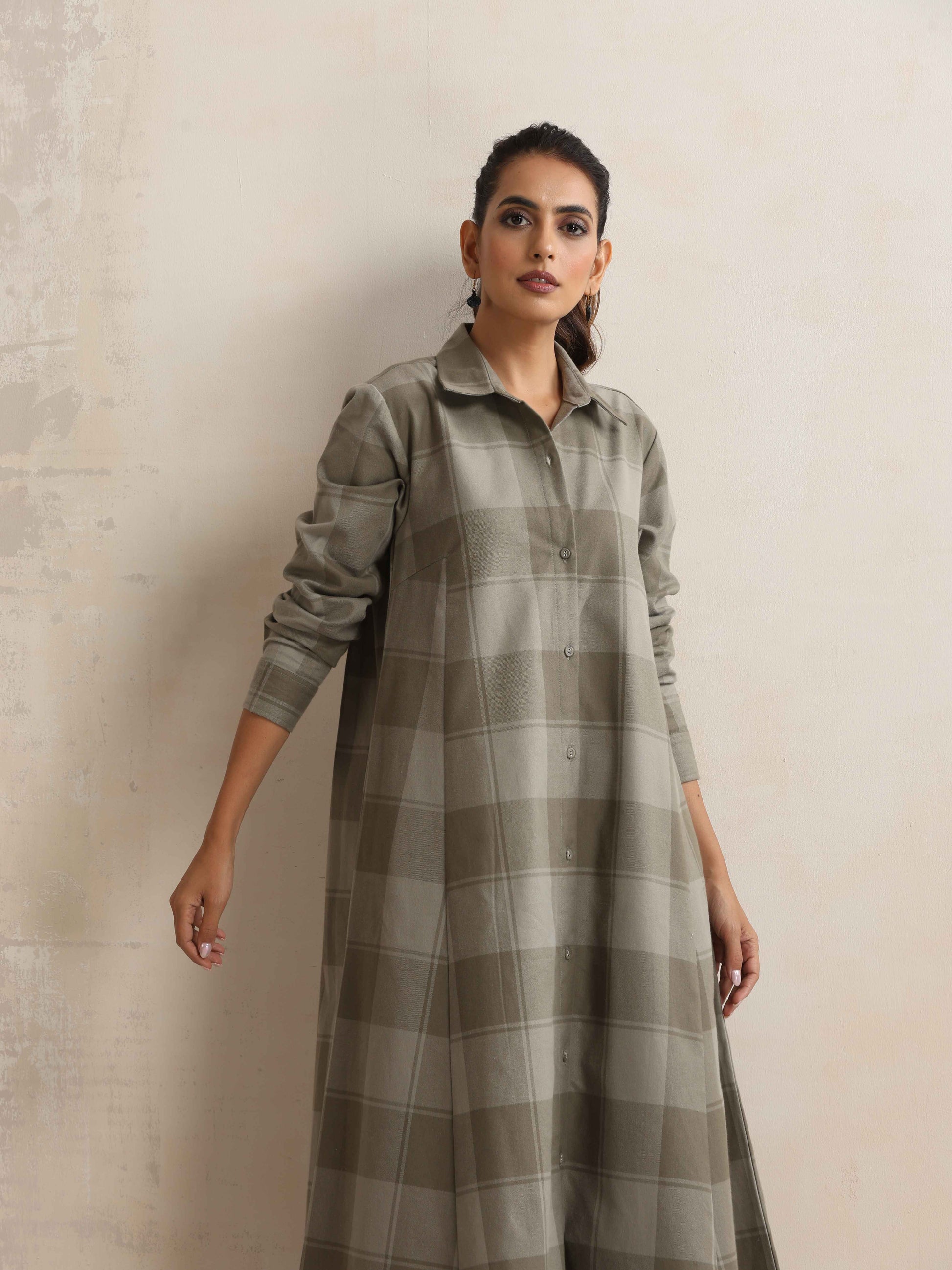 trueBrowns Green Check Flared Winter Dress | Swadesiicart