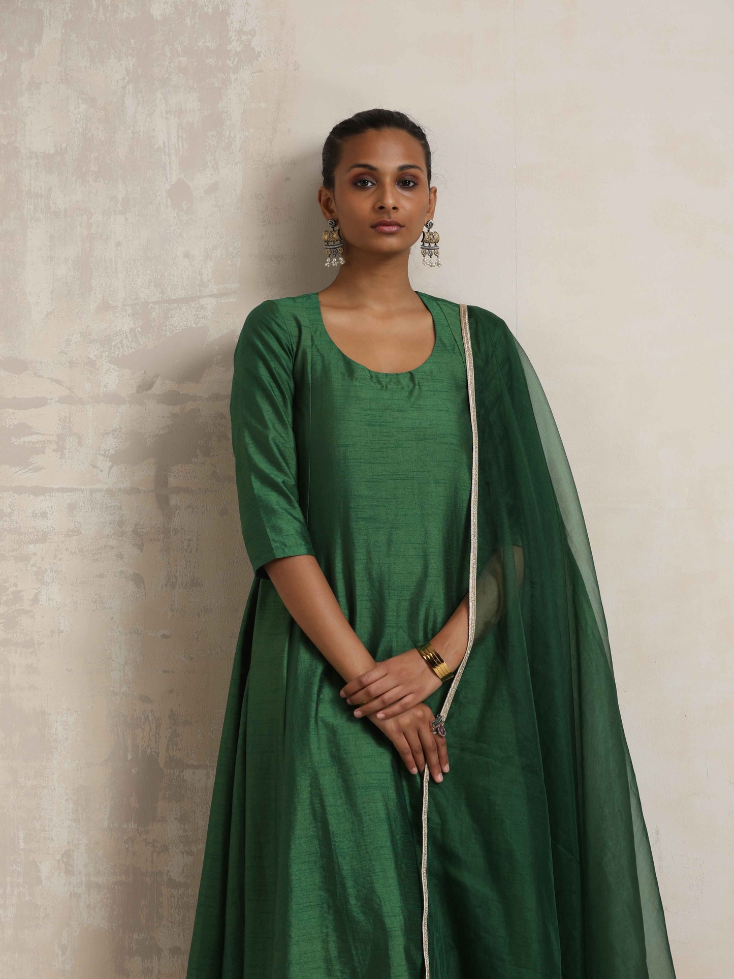 trueBrowns Dark Green Anarkali Kurta Pant Dupatta Set | Swadesiicart