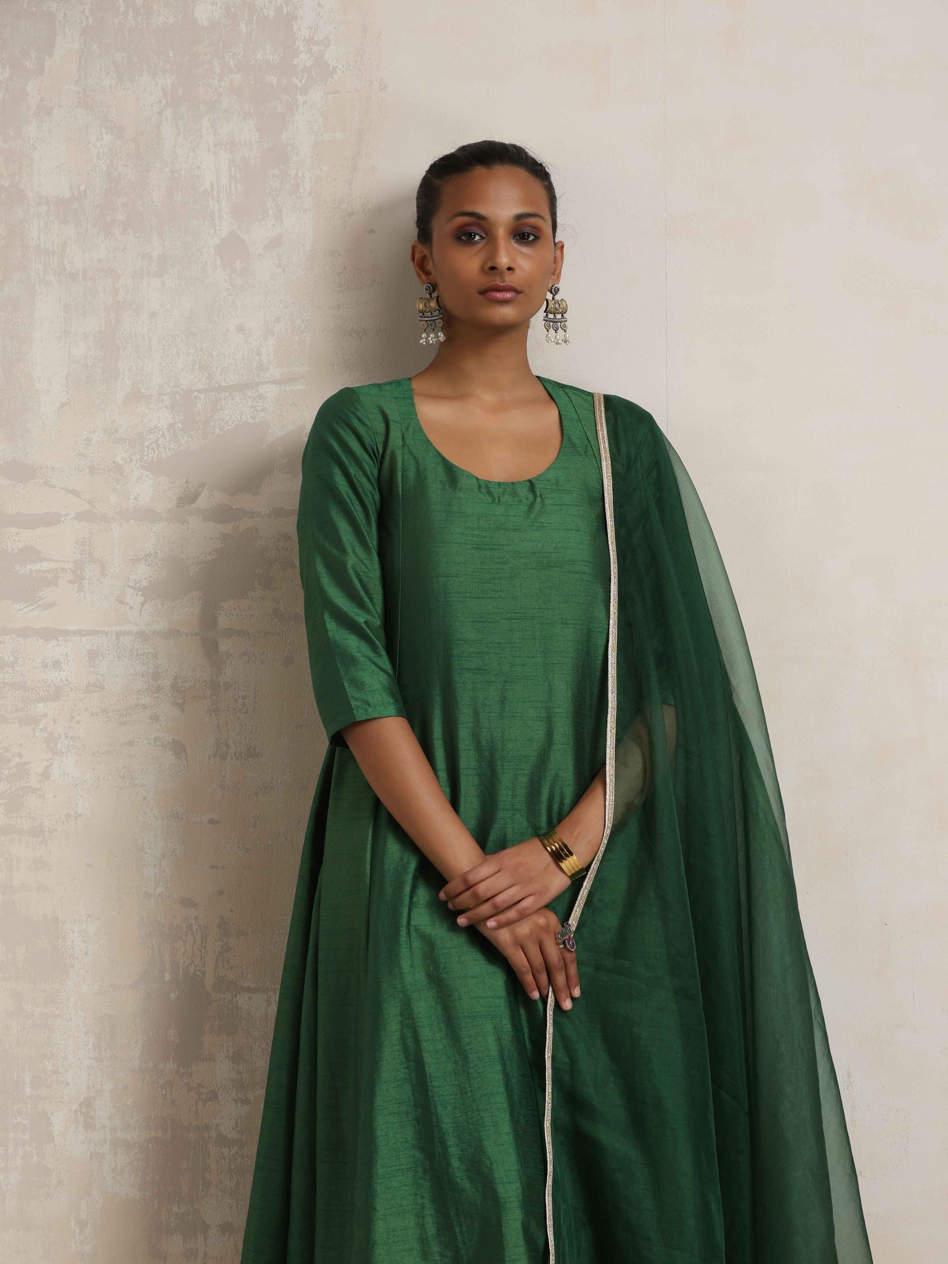 trueBrowns Dark Green Anarkali Kurta Pant Dupatta Set | Swadesiicart