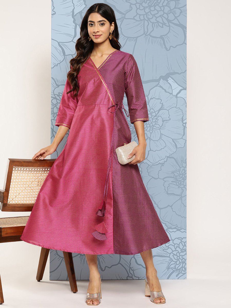 Ahalyaa Colourblocked Printed Wrap Ethnic Dress | Swadesiicart