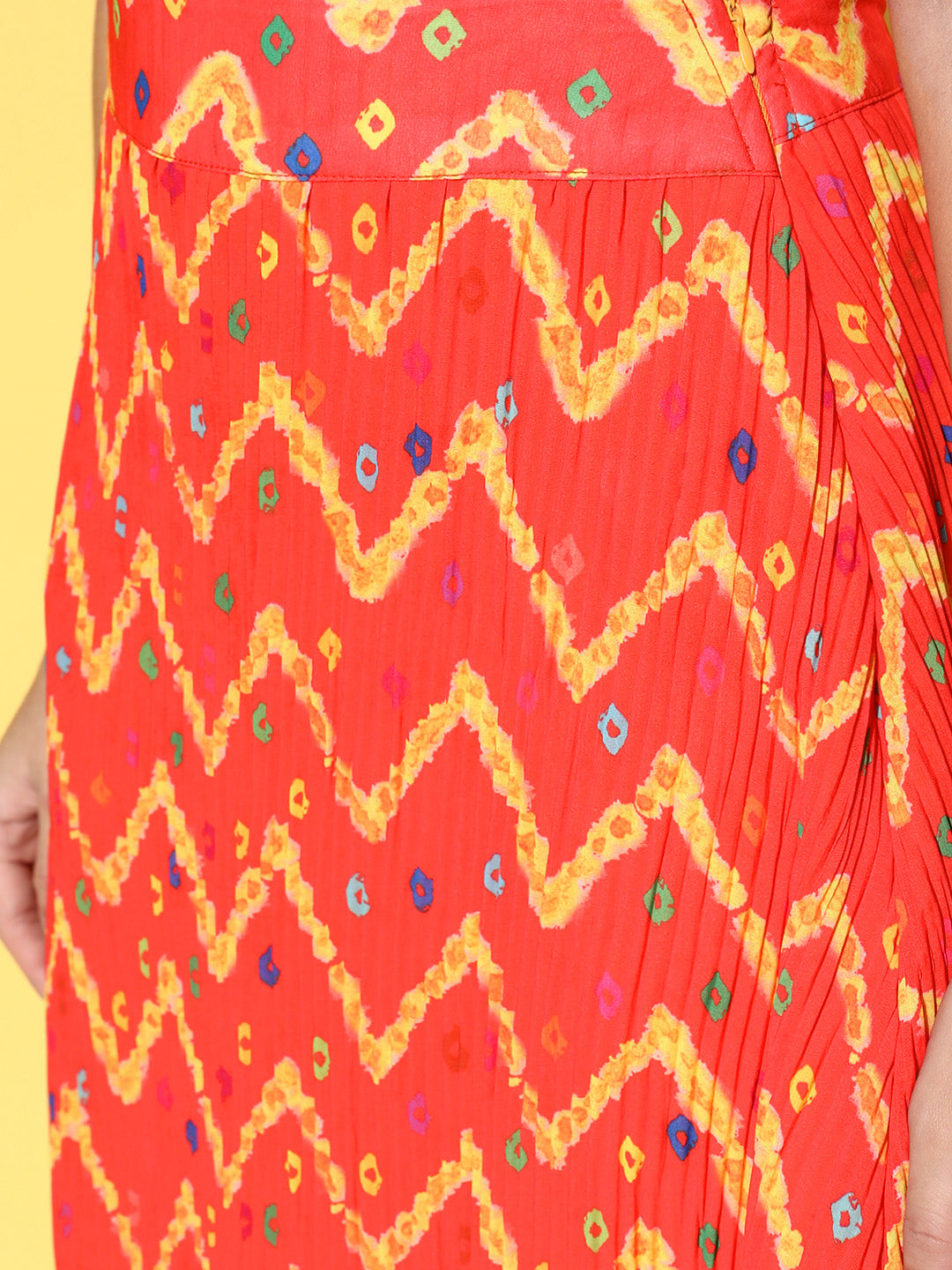 InWeave Women's Orange Bandhej Pleated Skirt - Swadesiicart