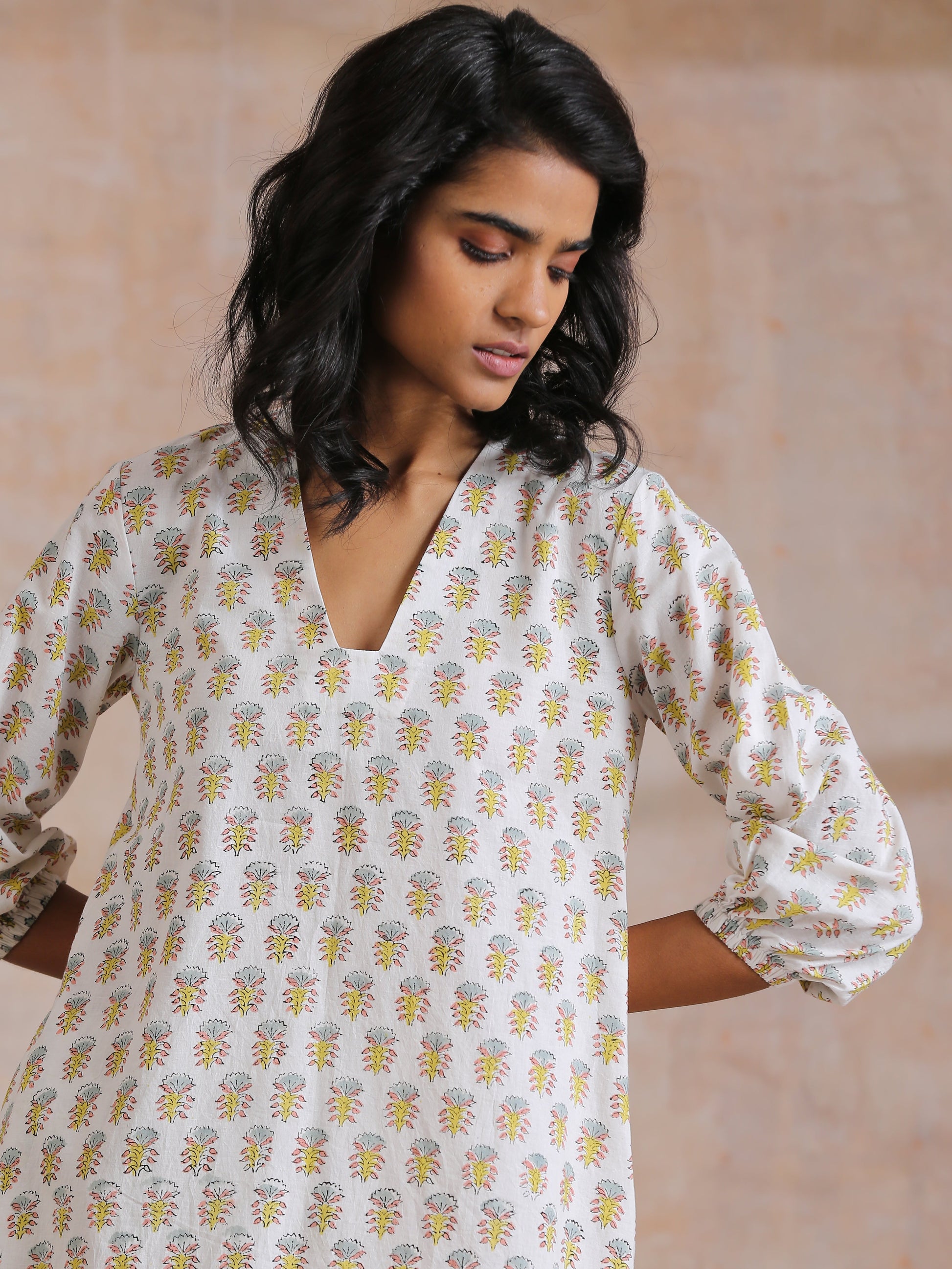 trueBrowns Multi Color Floral Booti Print Cotton V-Square Neck Co-Ord Set - Swadesiicart