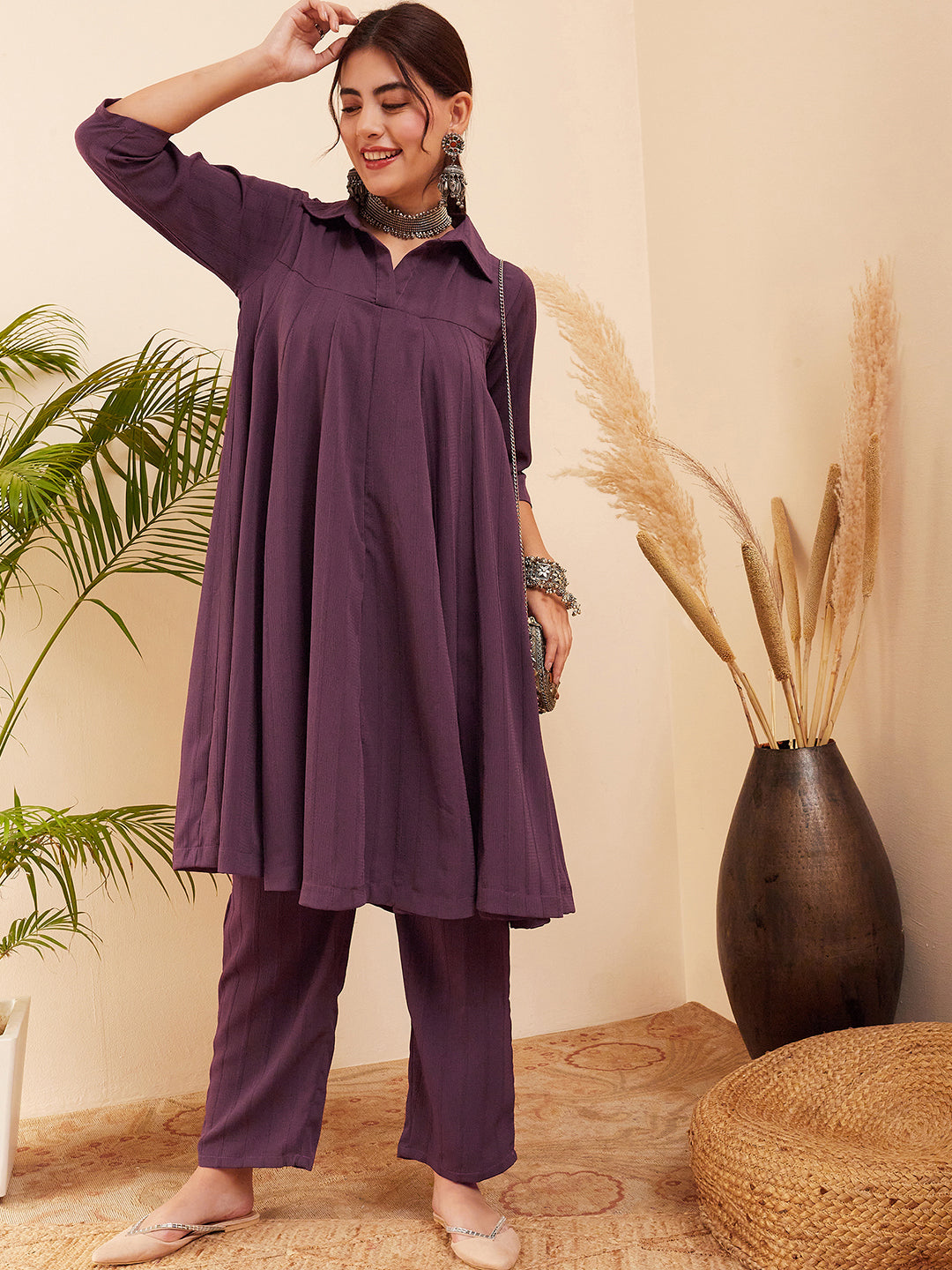 InWeave Women's Graphite Grey Collared Neck Flared Kurta Pant Set - Swadesiicart