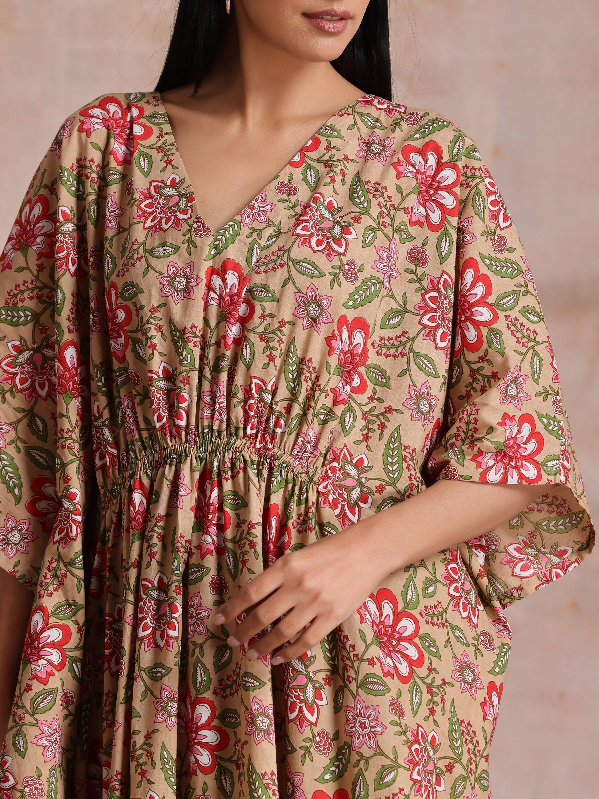 trueBrowns Beige Overall Big Floral Block Print Cotton Kaftan Dress | Swadesiicart