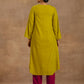trueBrowns Lime Velvet Yoke Embroidered Kurta | Swadesiicart