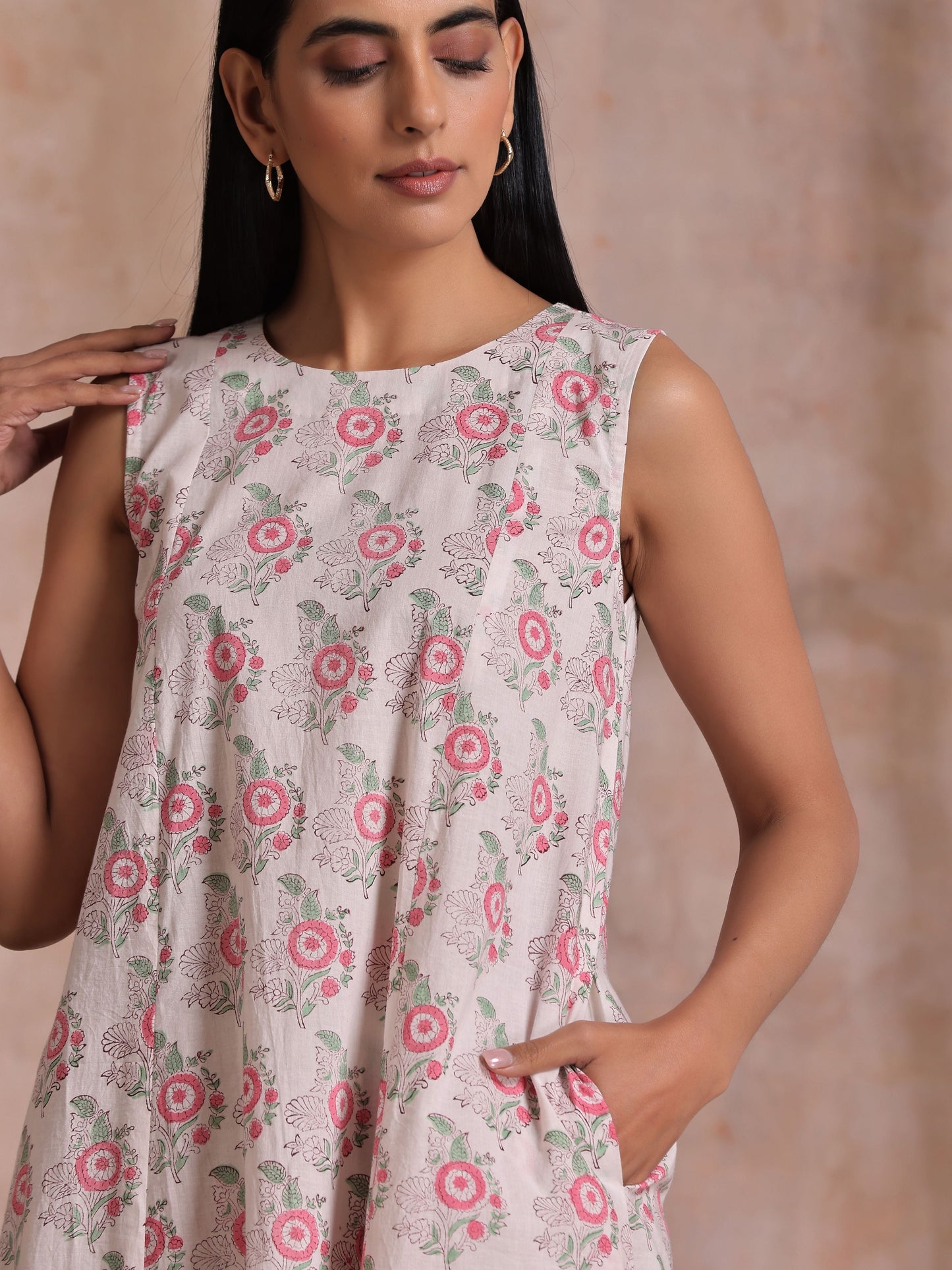 trueBrowns Pink Green Buta On White Block Print Cotton High-Low Co-Ord Set - Swadesiicart