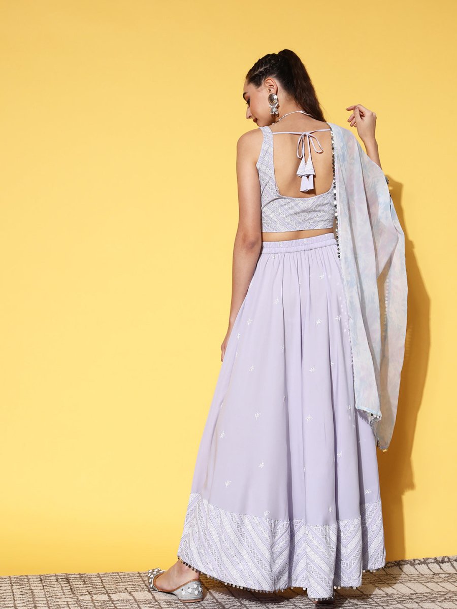 Ahalyaa Blue & White Printed Sequinned Ready to Wear Lehenga & Blouse With Dupatta | Swadesiicart