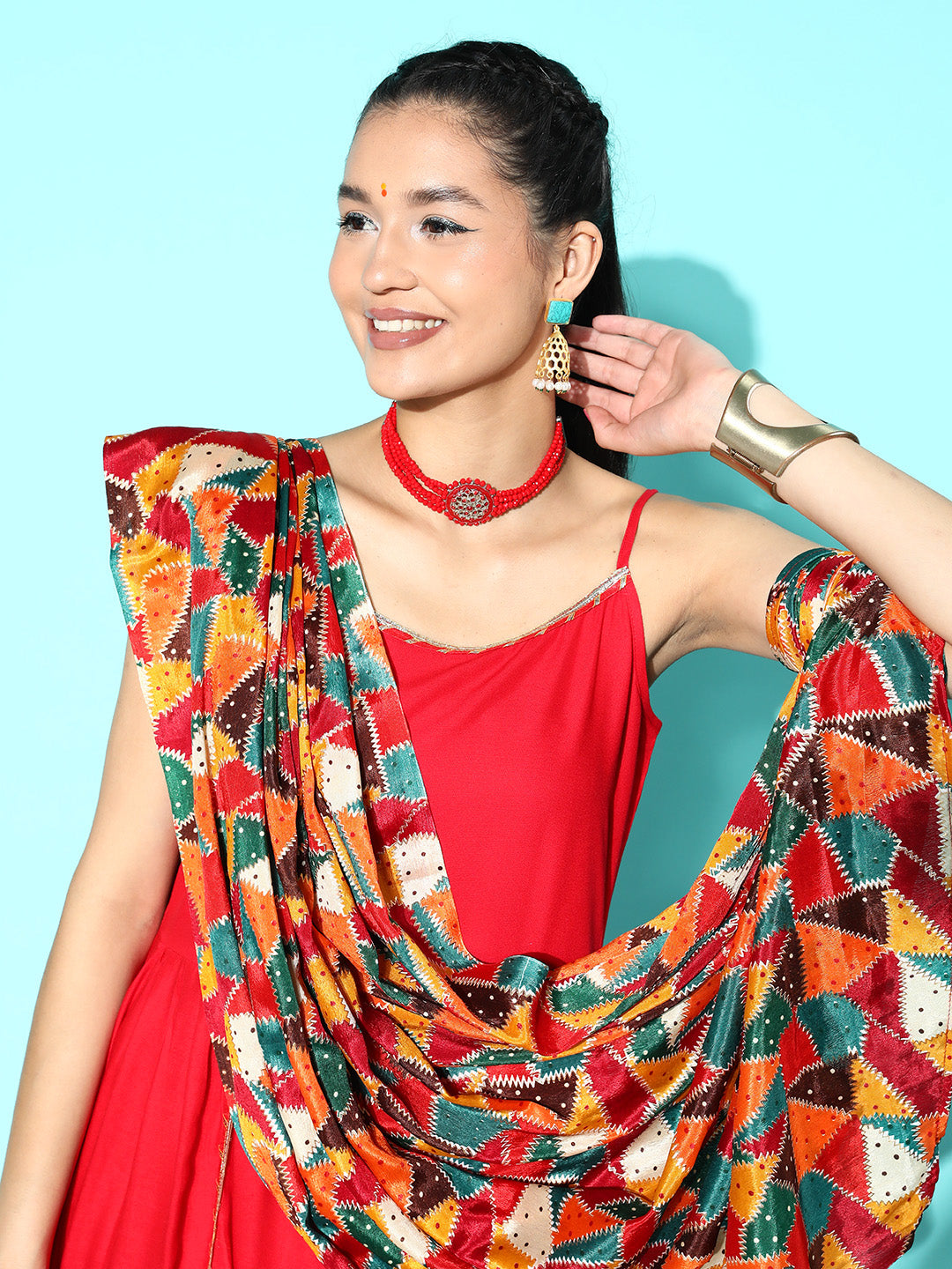 InWeave Women's Red Gota Strappy Set With Multi Foil Muslin Dupatta - Swadesiicart