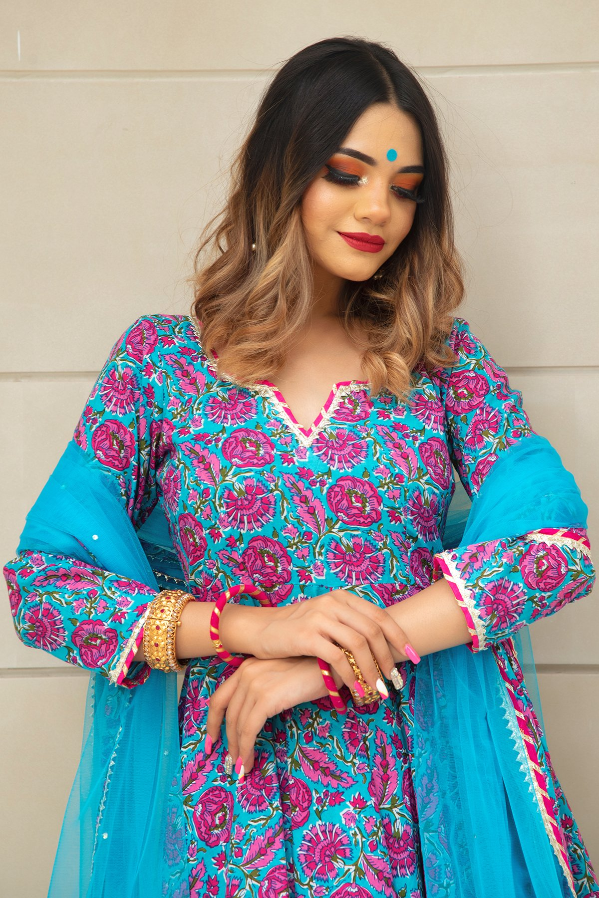 Pomcha Jaipur Chitra Hand Block Cotton Anarkali Set | Swadesiicart