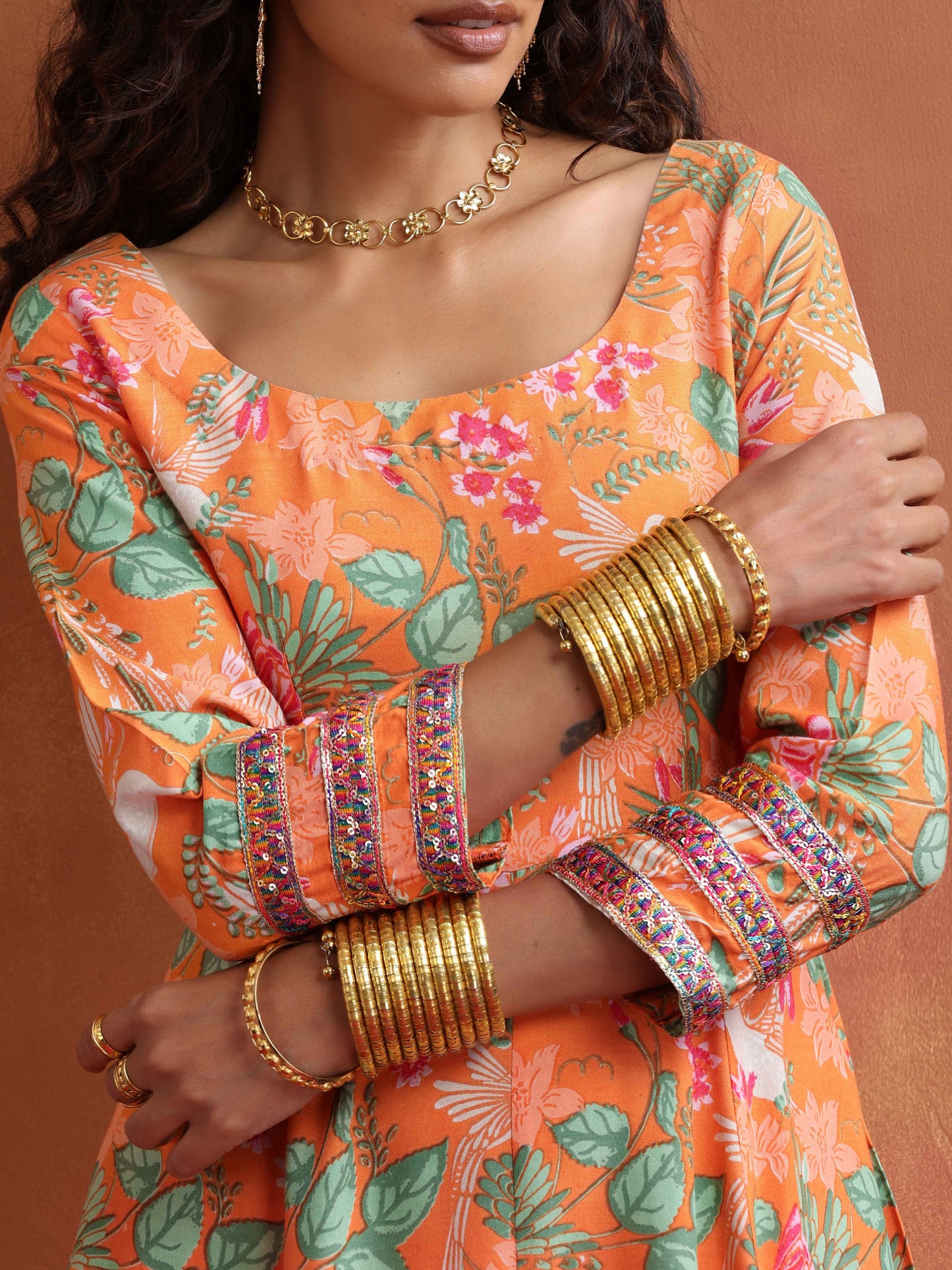 trueBrowns Orange Print Flared Anarkali Kurta Set | Swadesiicart