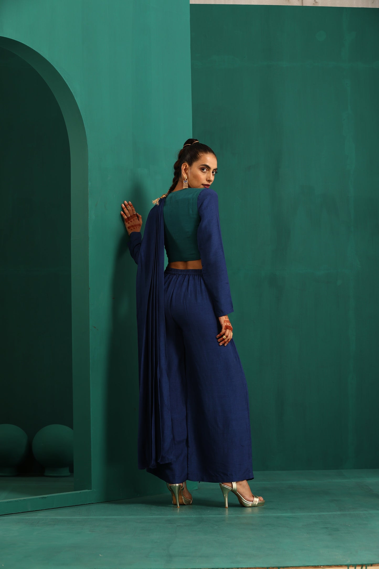 trueBrowns Blue Silk Palazzo Stitched Saree | Swadesiicart