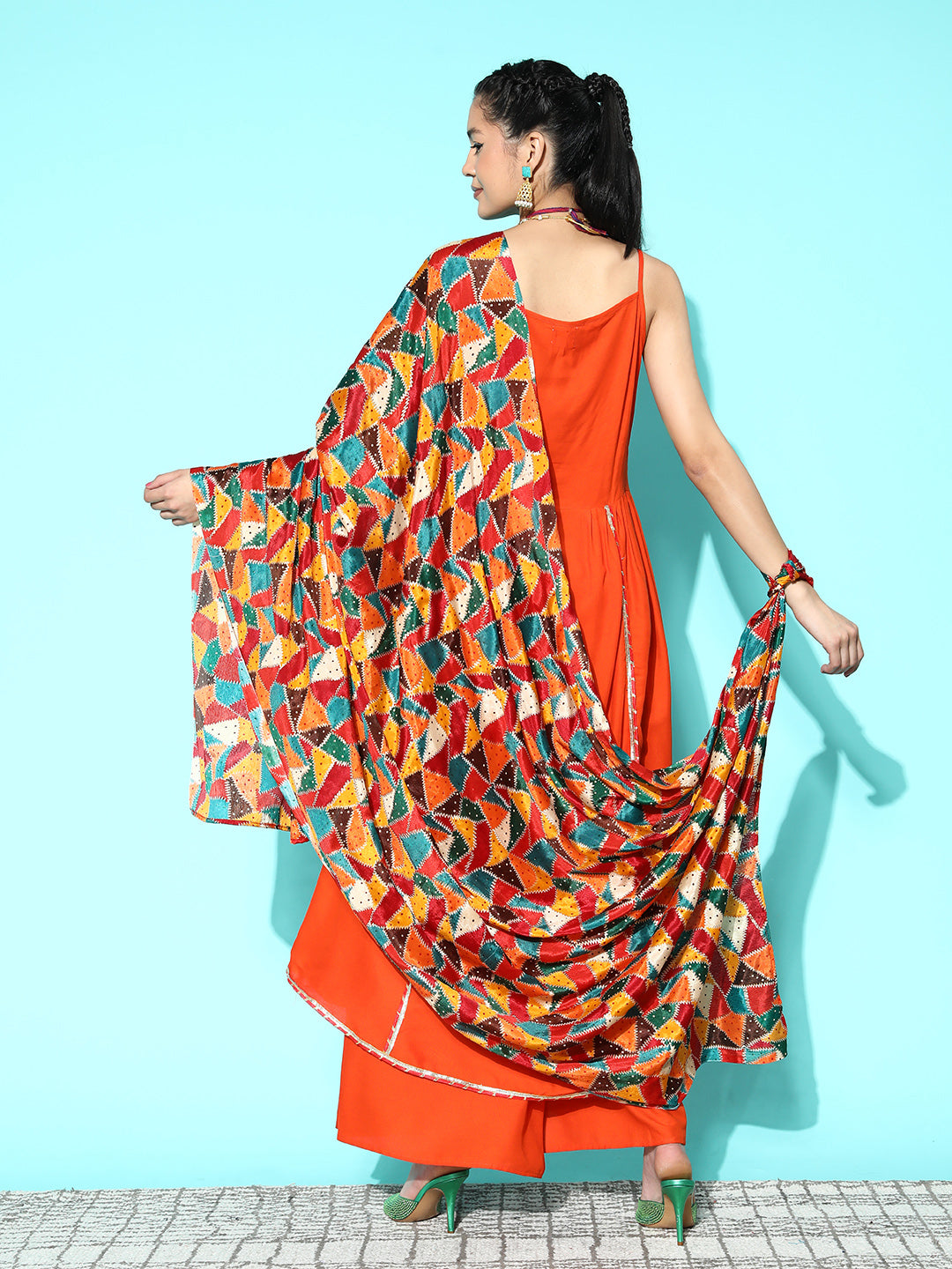 InWeave Women's Orange Red Gota Strappy Set With Multi Foil Muslin Dupatta - Swadesiicart