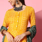InWeave Women's Yellow Bandhani Long Anarkali Kurta With Green Bandhani Dupatta - Swadesiicart