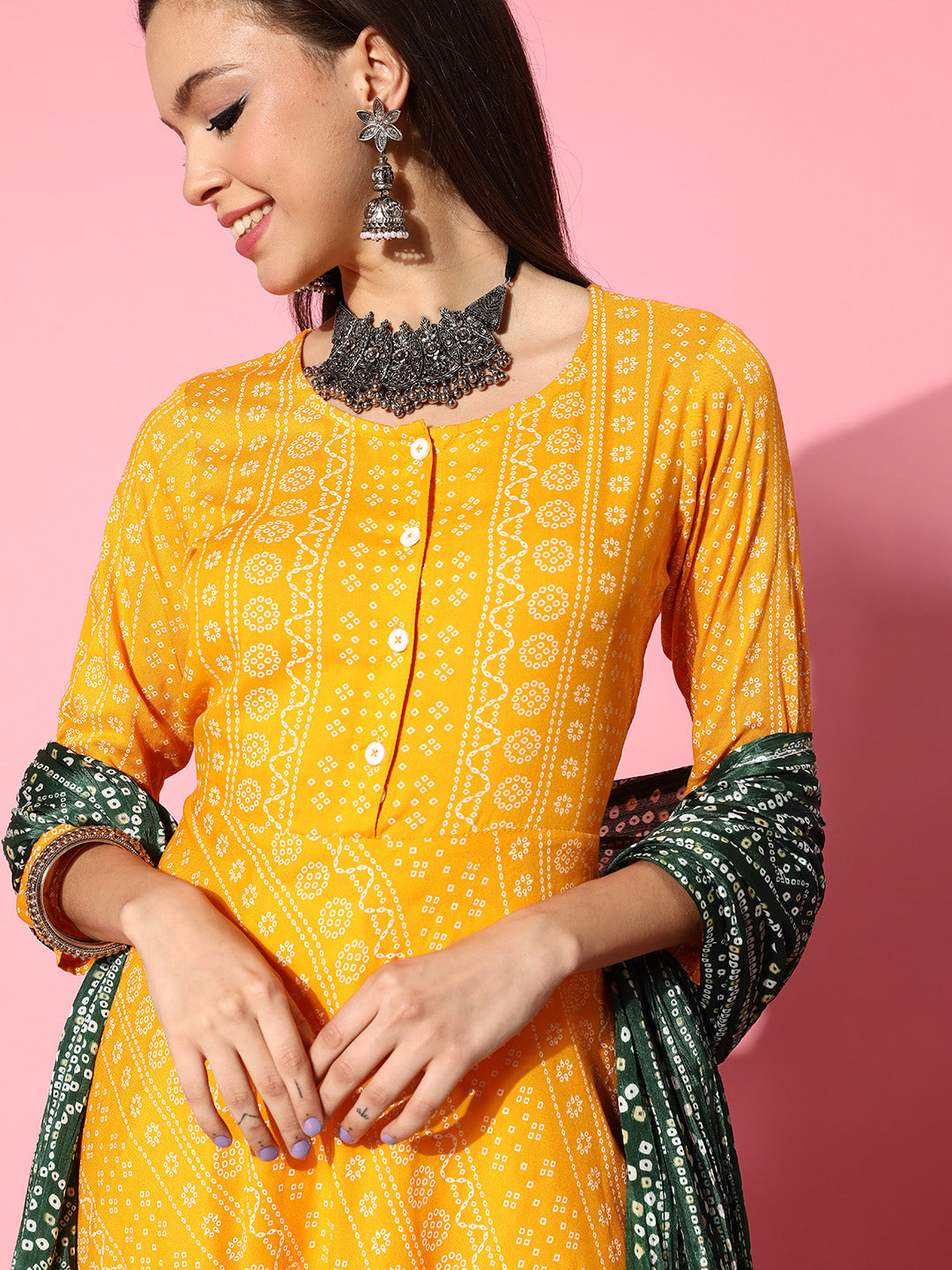 InWeave Women's Yellow Bandhani Long Anarkali Kurta With Green Bandhani Dupatta - Swadesiicart