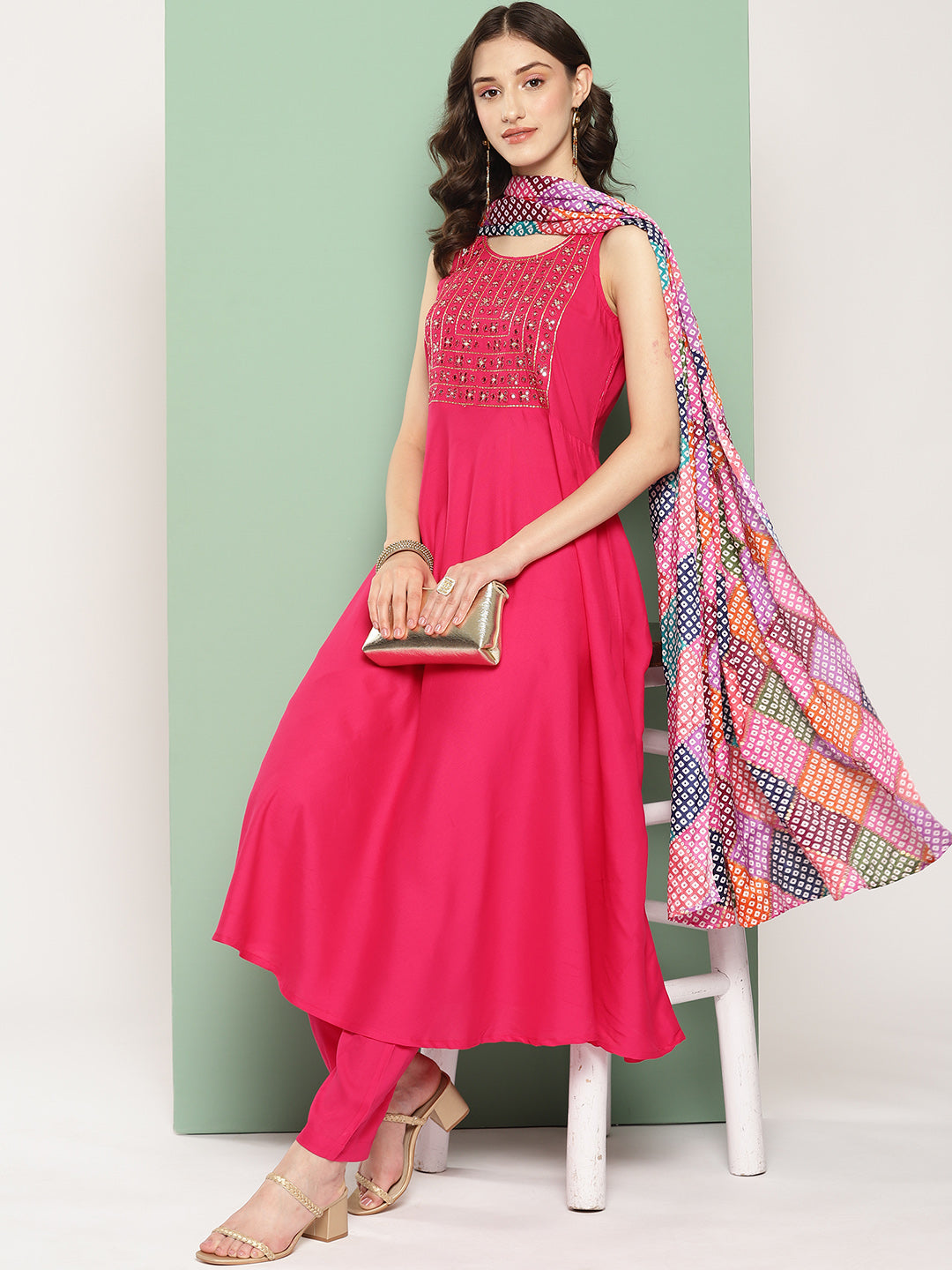 InWeave Women's Fuchsia Mirror Work Strappy Set W Square Bandhani Print Silk Dup - Swadesiicart