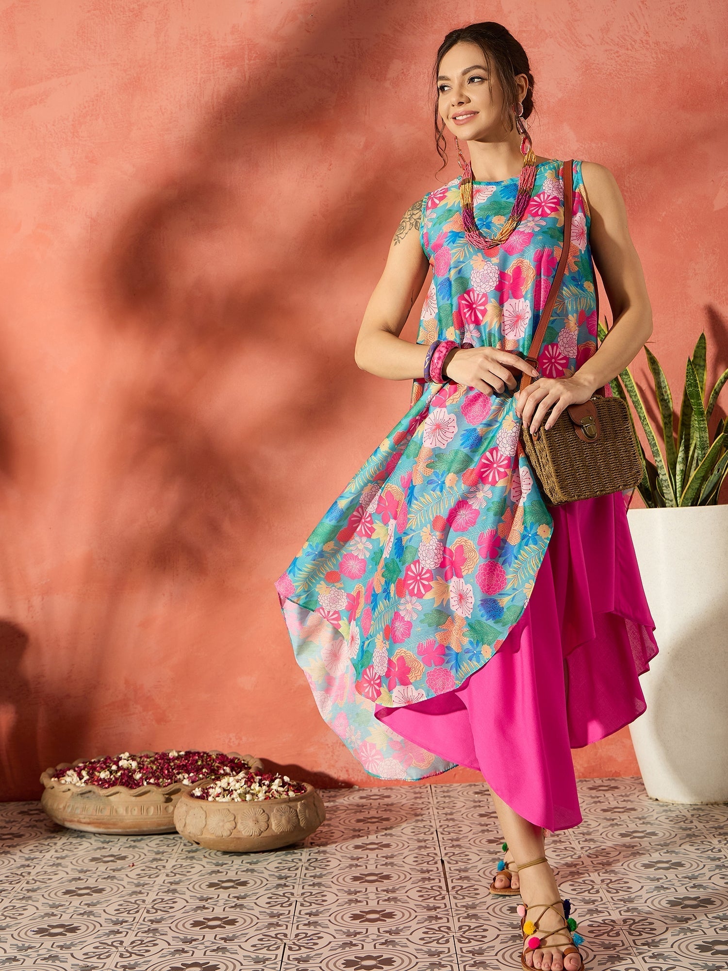 InWeave Blue Floral Fuchsia Asymmetrical Dress - Swadesiicart