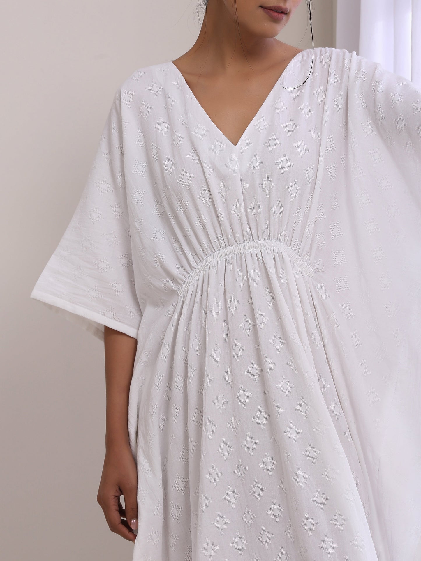 trueBrowns White Dobby Kaftan Dress | Swadesiicart