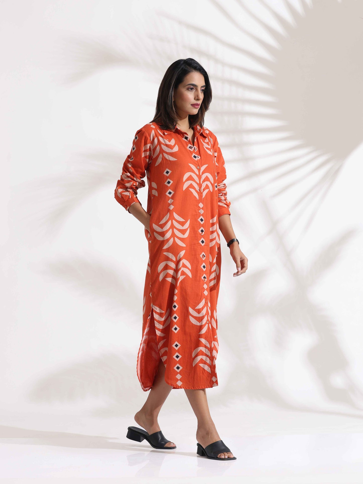 trueBrowns Orange Cotton Print Shirt Dress | Swadesiicart