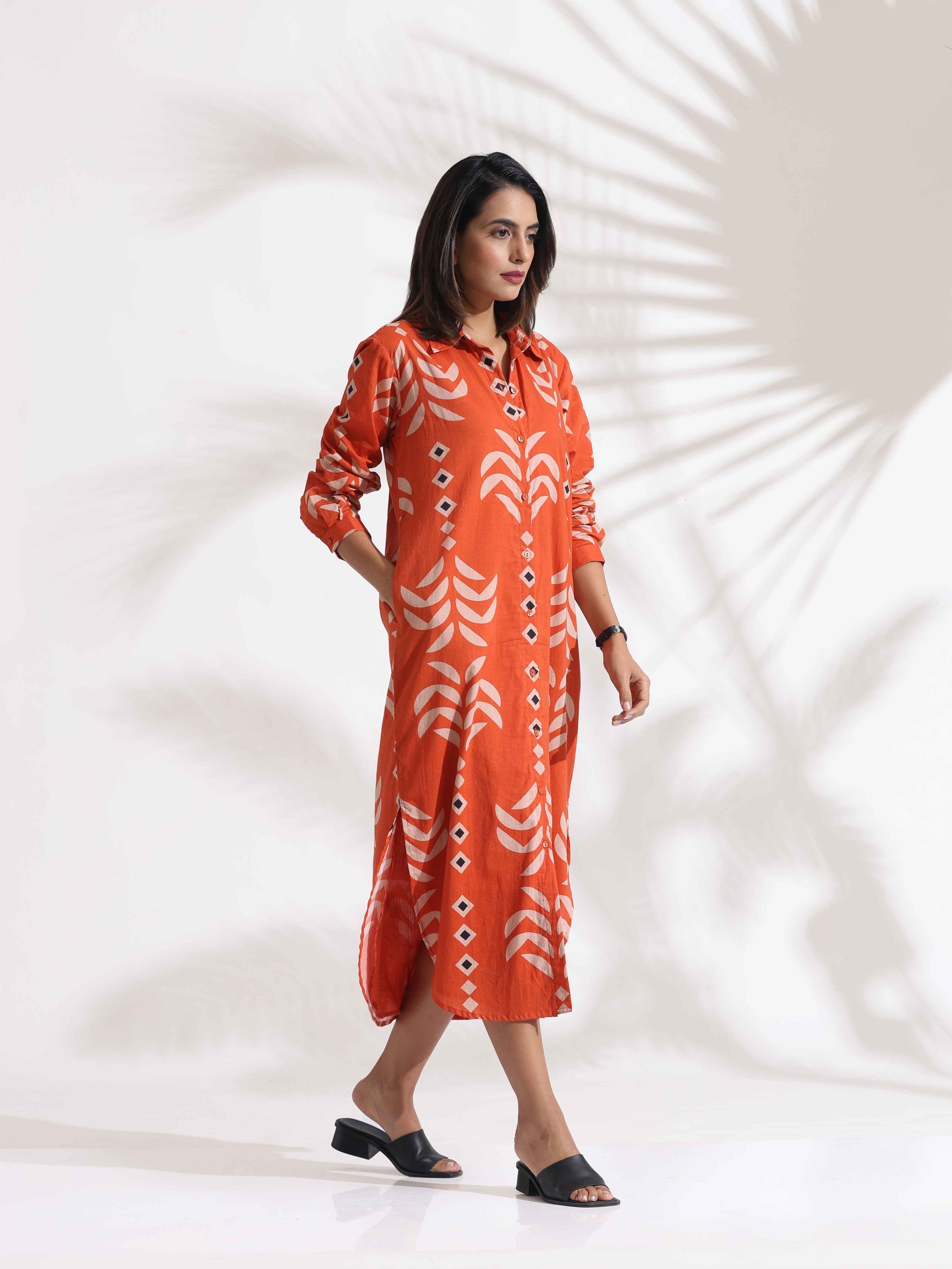 trueBrowns Orange Cotton Print Shirt Dress | Swadesiicart