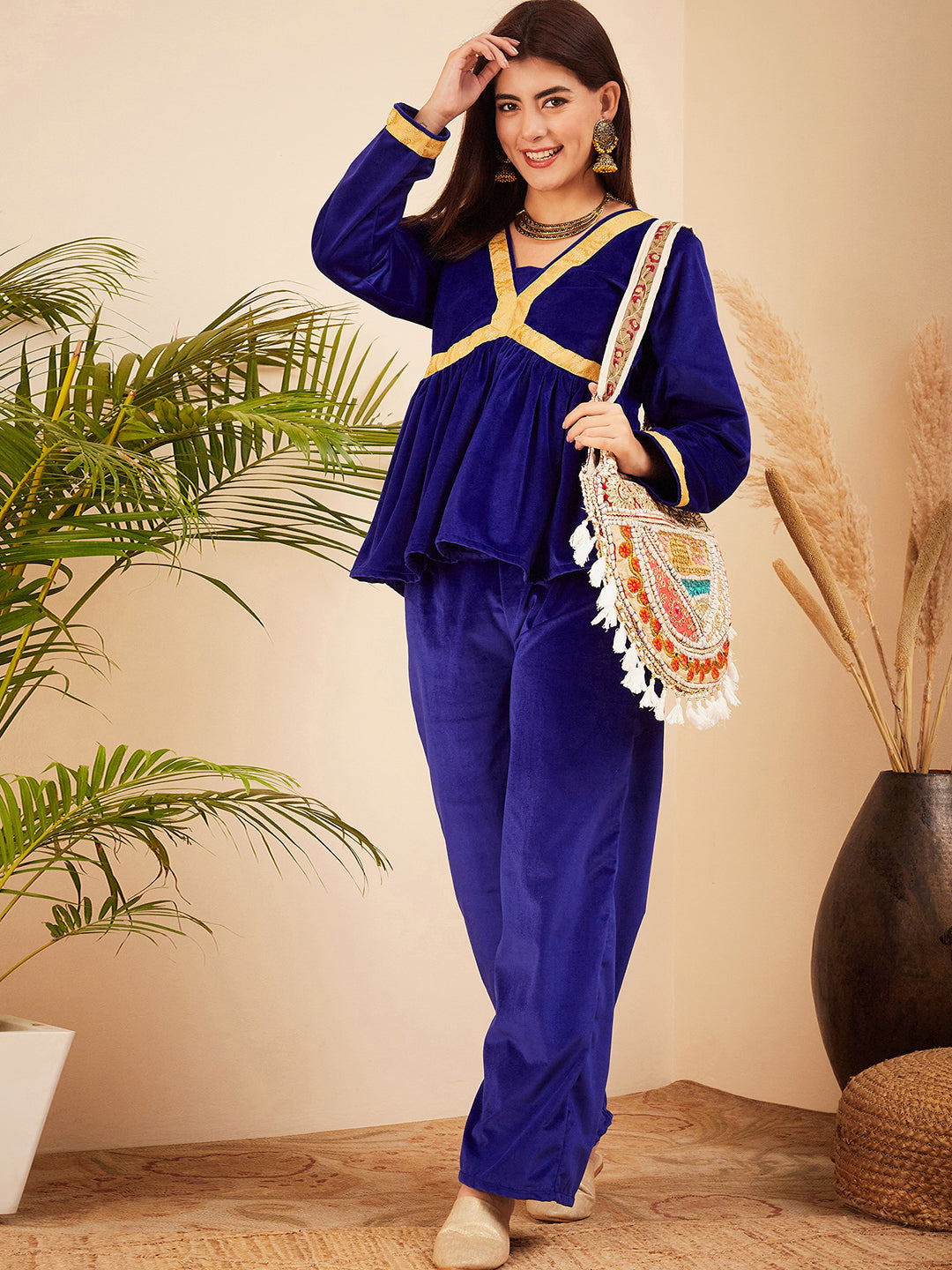InWeave Women's Royal Blue Mughal Shaan Style Velvet Short Kurta Set - Swadesiicart