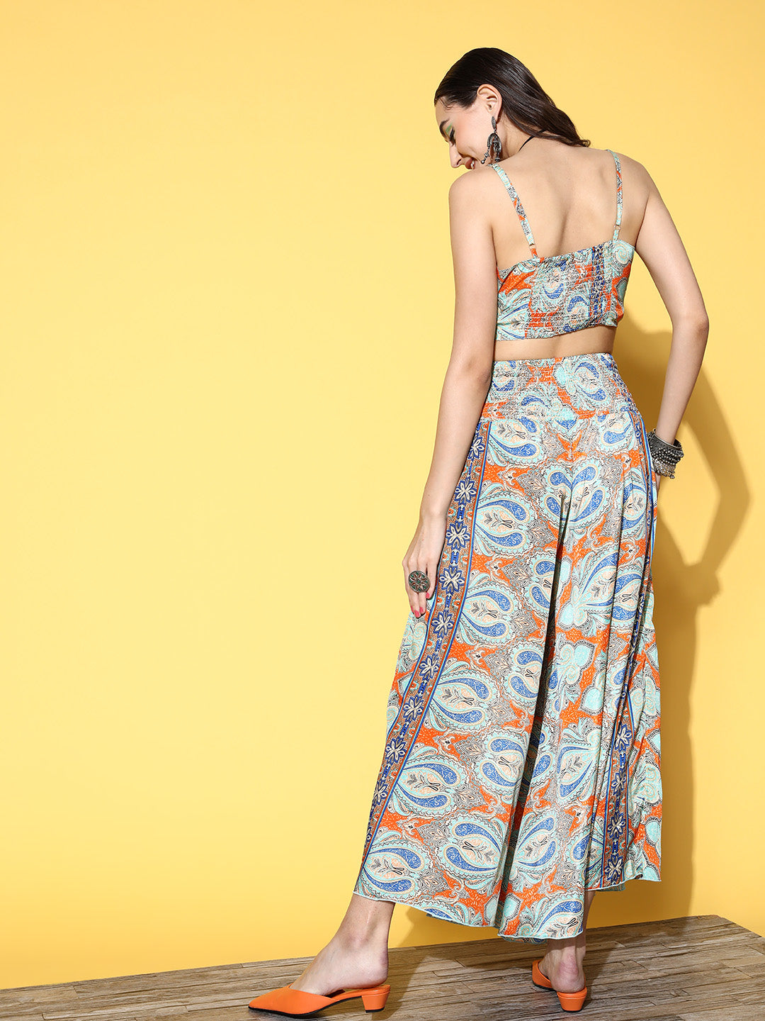 InWeave Women's Blue Orange Paisley Print Coord Set - Swadesiicart