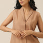 trueBrowns Beige Slub Texture Sleevesless Jacket Pant Set | Swadesiicart