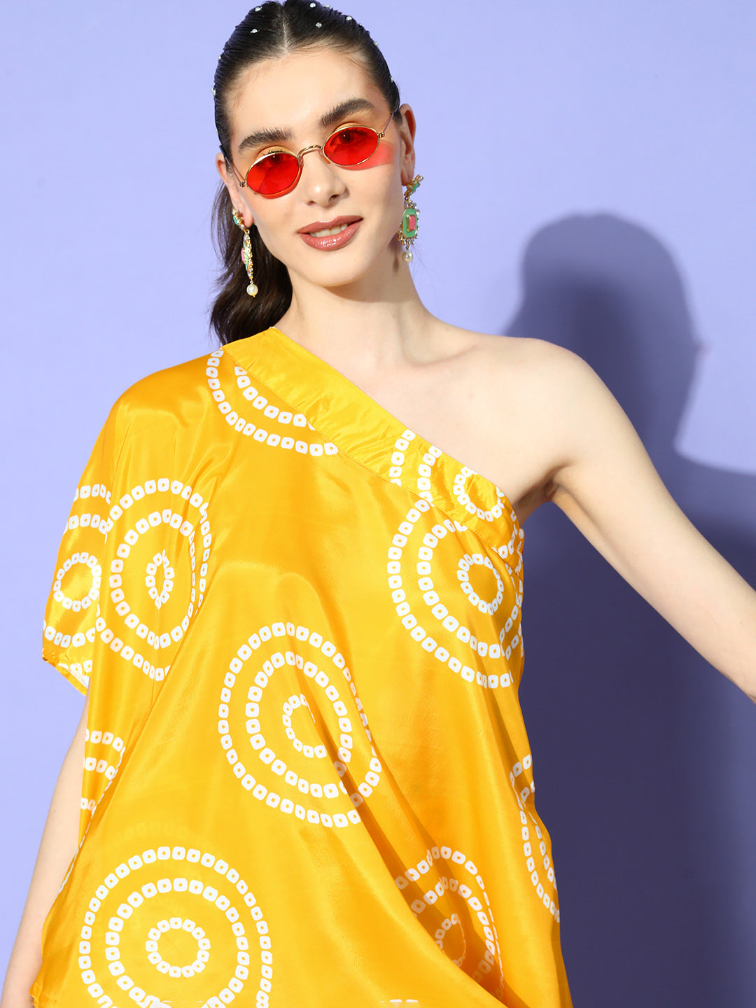 InWeave Women's Yellow Bandhani Motif One Shoulder Palazzo Set - Swadesiicart