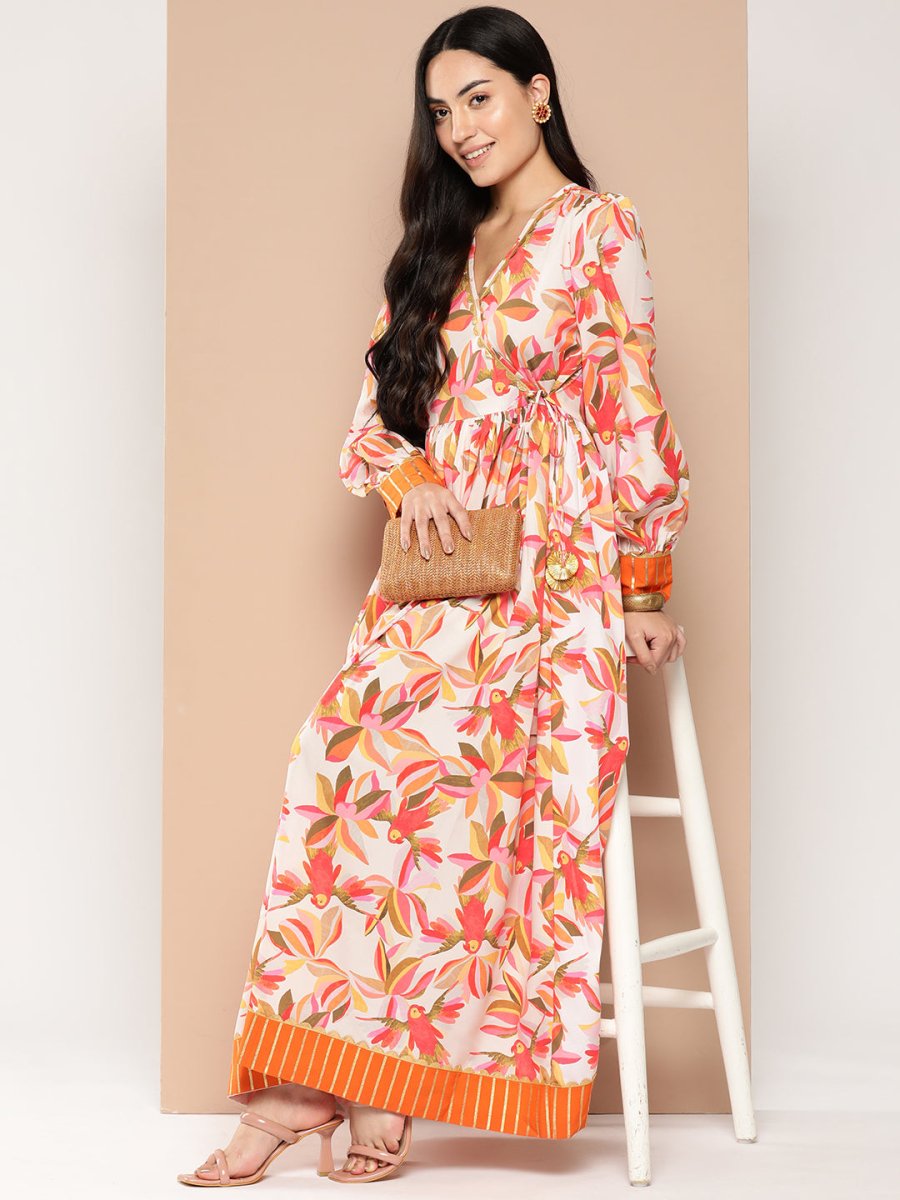 Ahalyaa Floral Printed Tie-Ups Crepe Empire Ethnic Dress | Swadesiicart
