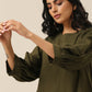 trueBrowns Olive Green Slub Texture Baggy Sleeve Co-Ord Set - Swadesiicart