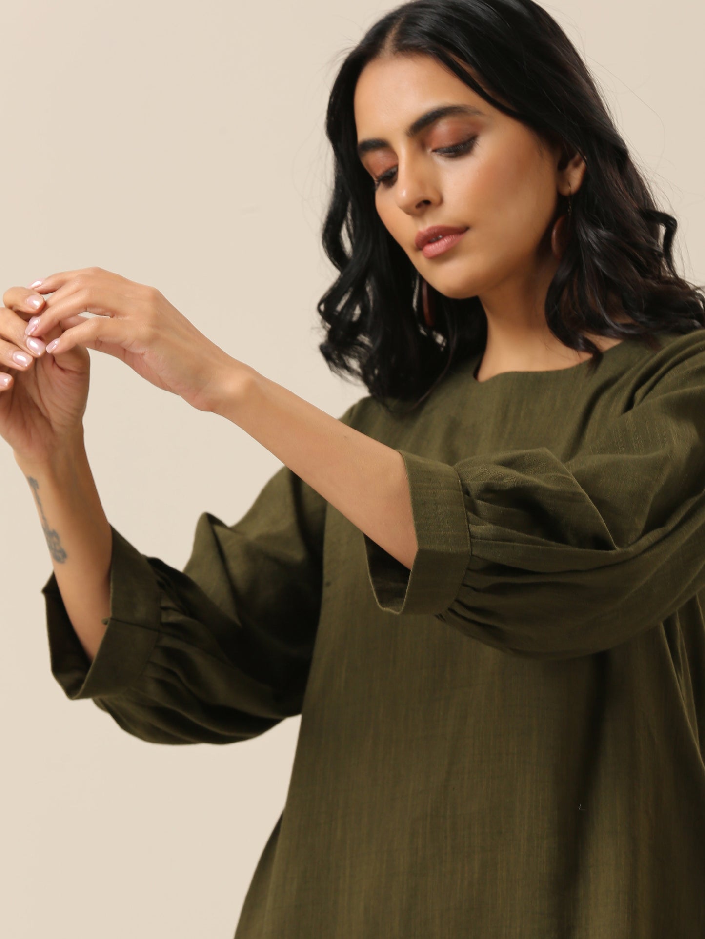 trueBrowns Olive Green Slub Texture Baggy Sleeve Co-Ord Set - Swadesiicart