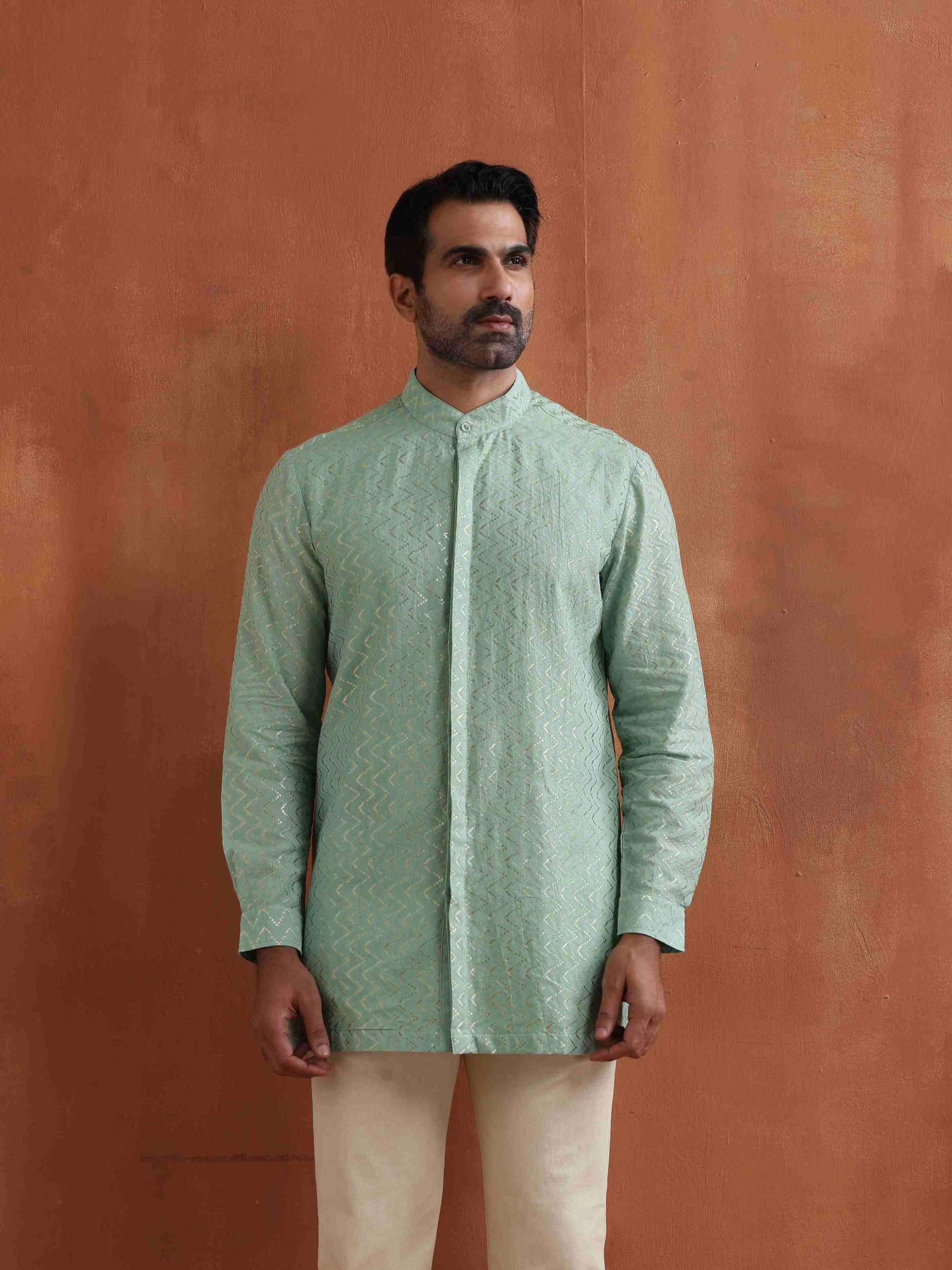 trueBrowns Men's Green Cotton Dobby Front Open Short Kurta | Swadesiicart
