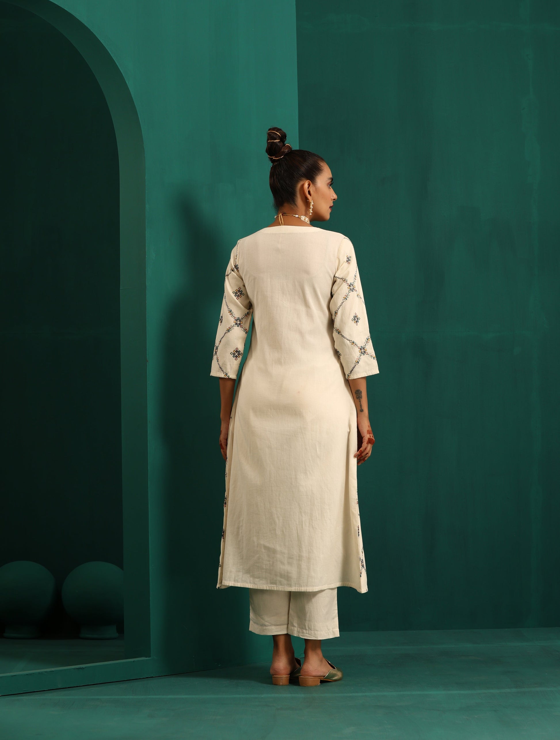 trueBrowns Ivory Rhombus Cotton Angrakha Kurta Pant Set | Swadesiicart