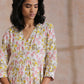 trueBrowns Pink Yellow Floral On White Block Print Cotton Wrap Dress | Swadesiicart