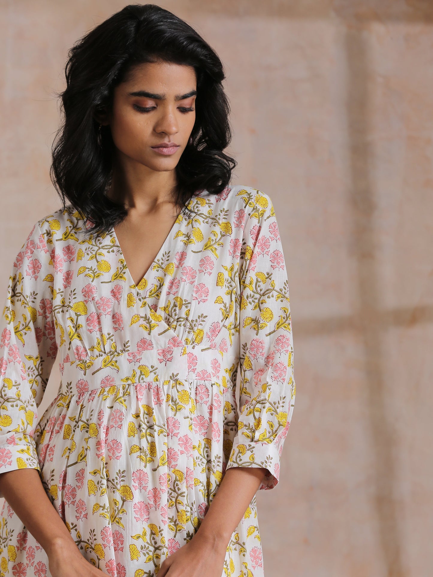 trueBrowns Pink Yellow Floral On White Block Print Cotton Wrap Dress | Swadesiicart