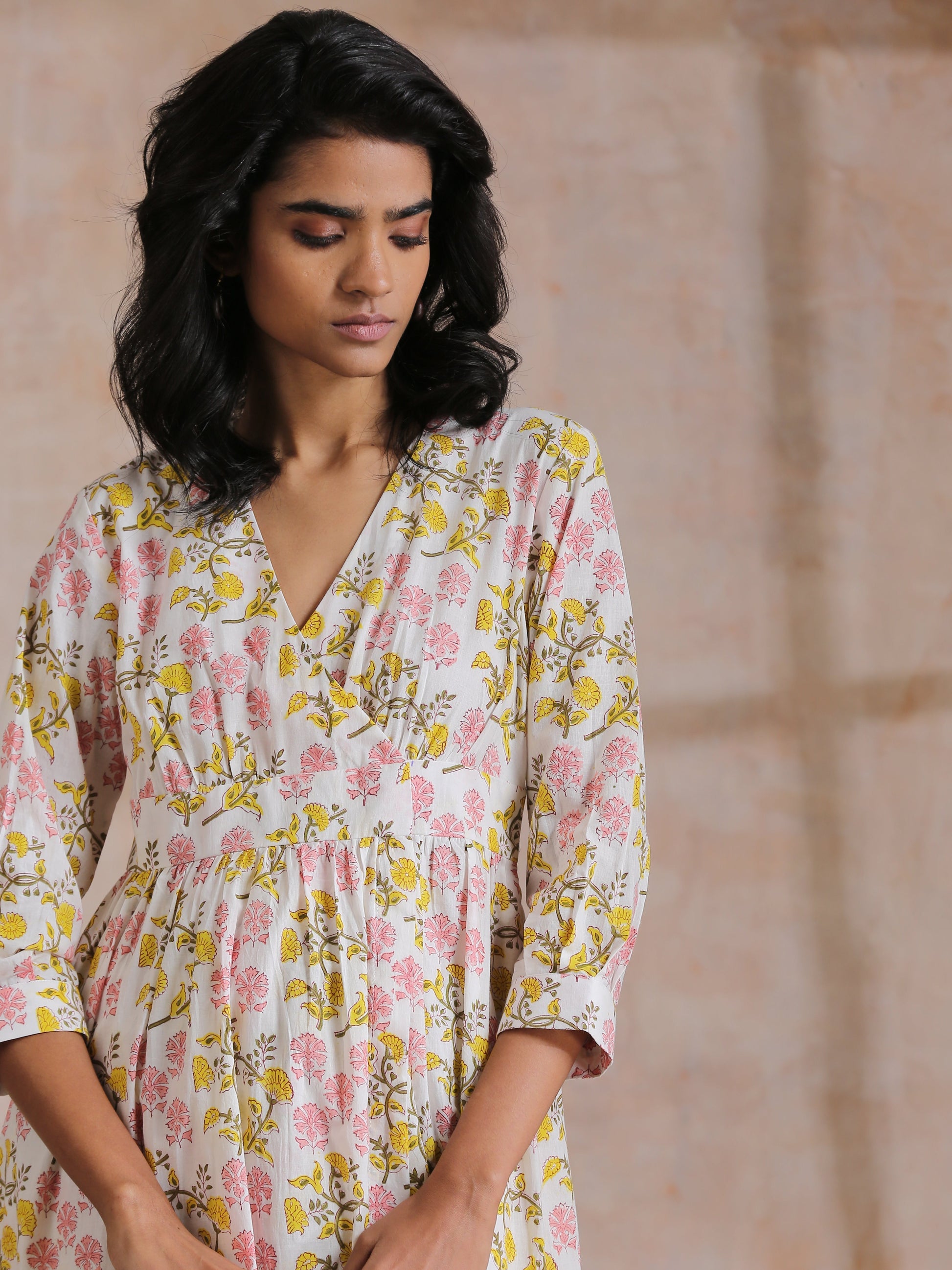 trueBrowns Pink Yellow Floral On White Block Print Cotton Wrap Dress | Swadesiicart