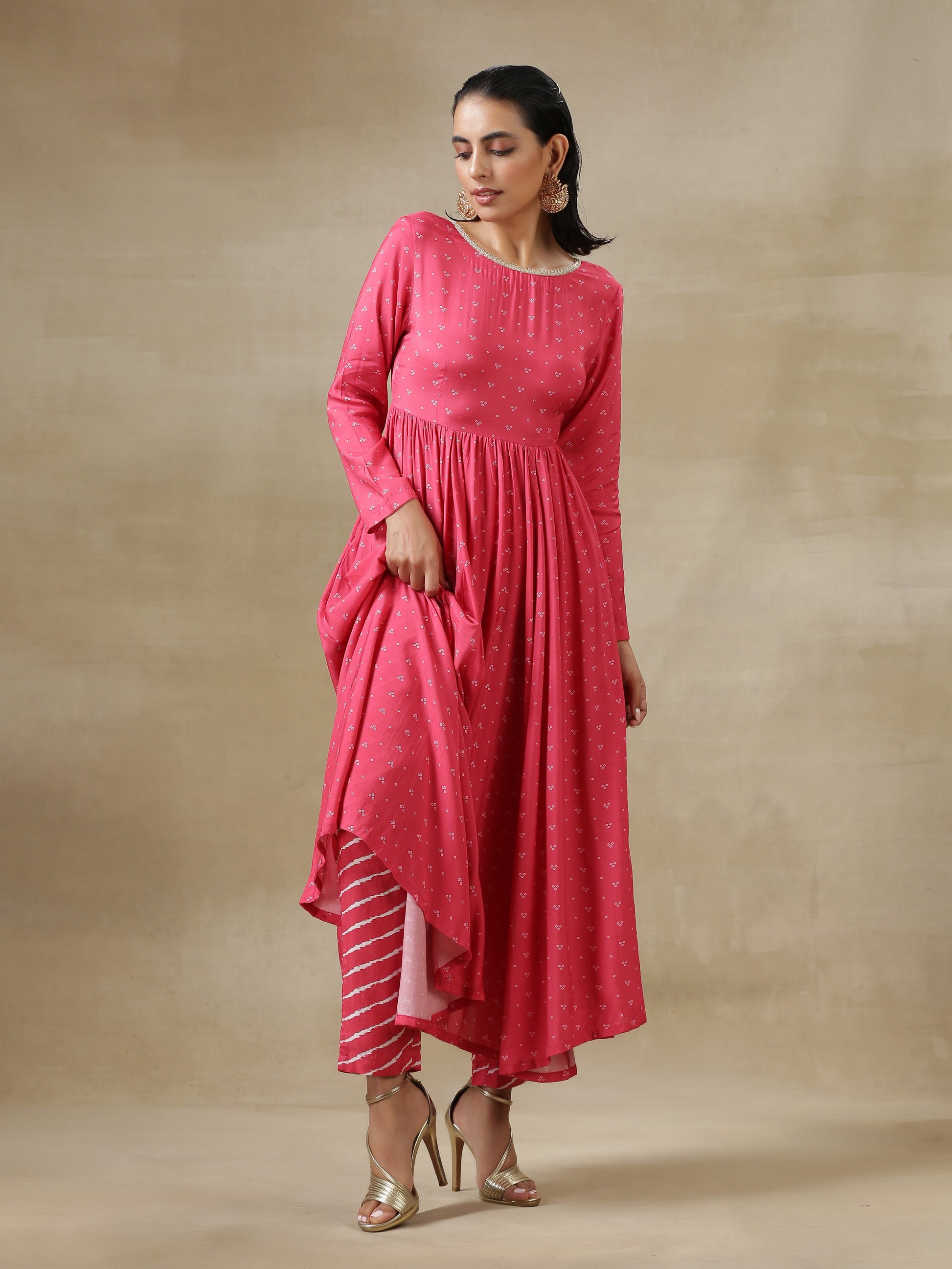 trueBrowns Pink Bandhani Printed Silk Anarkali Kurta Pant Dupatta Set | Swadesiicart