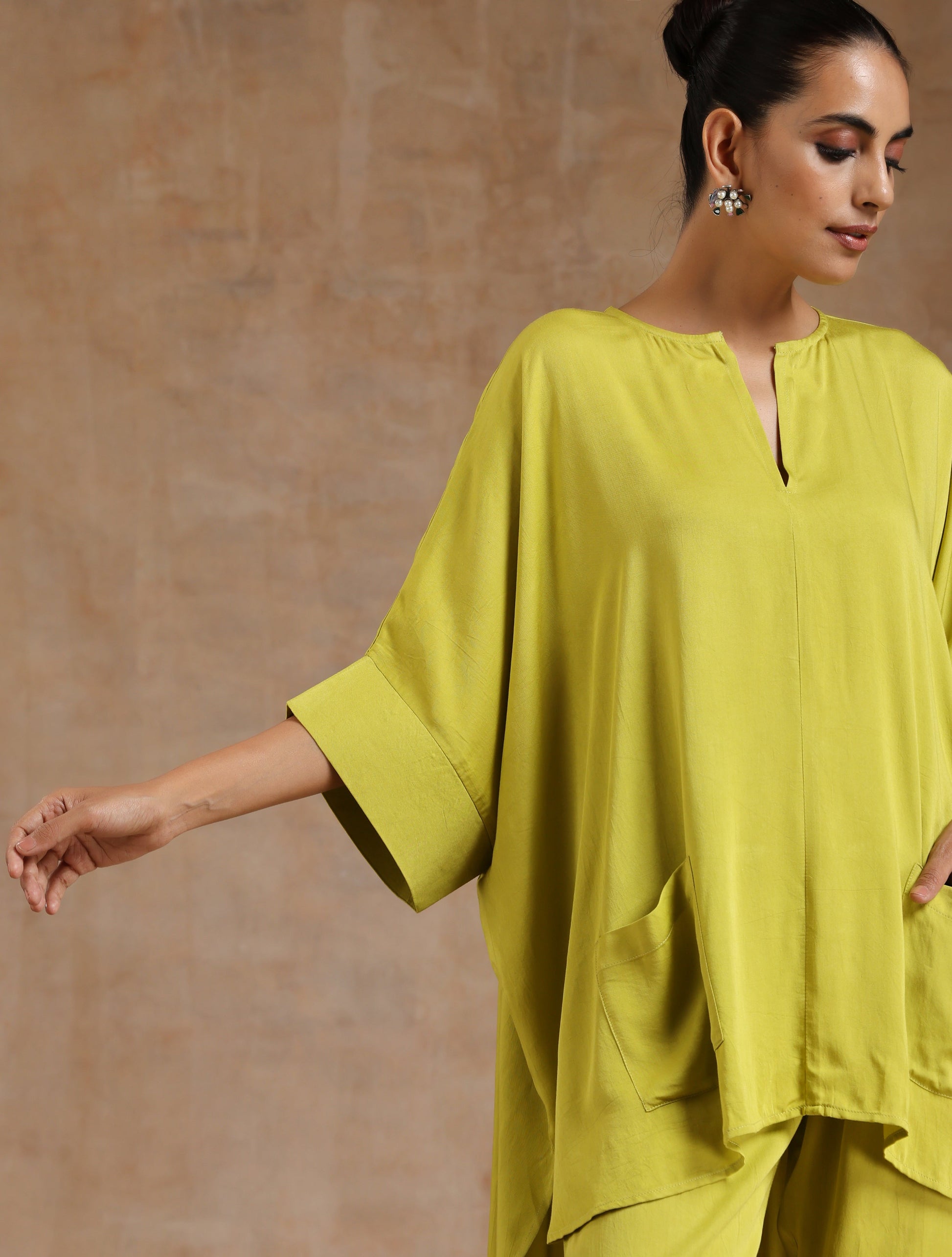 trueBrowns Lime Modal Satin Boxy Fit High-Low Co-Ord Set - Swadesiicart