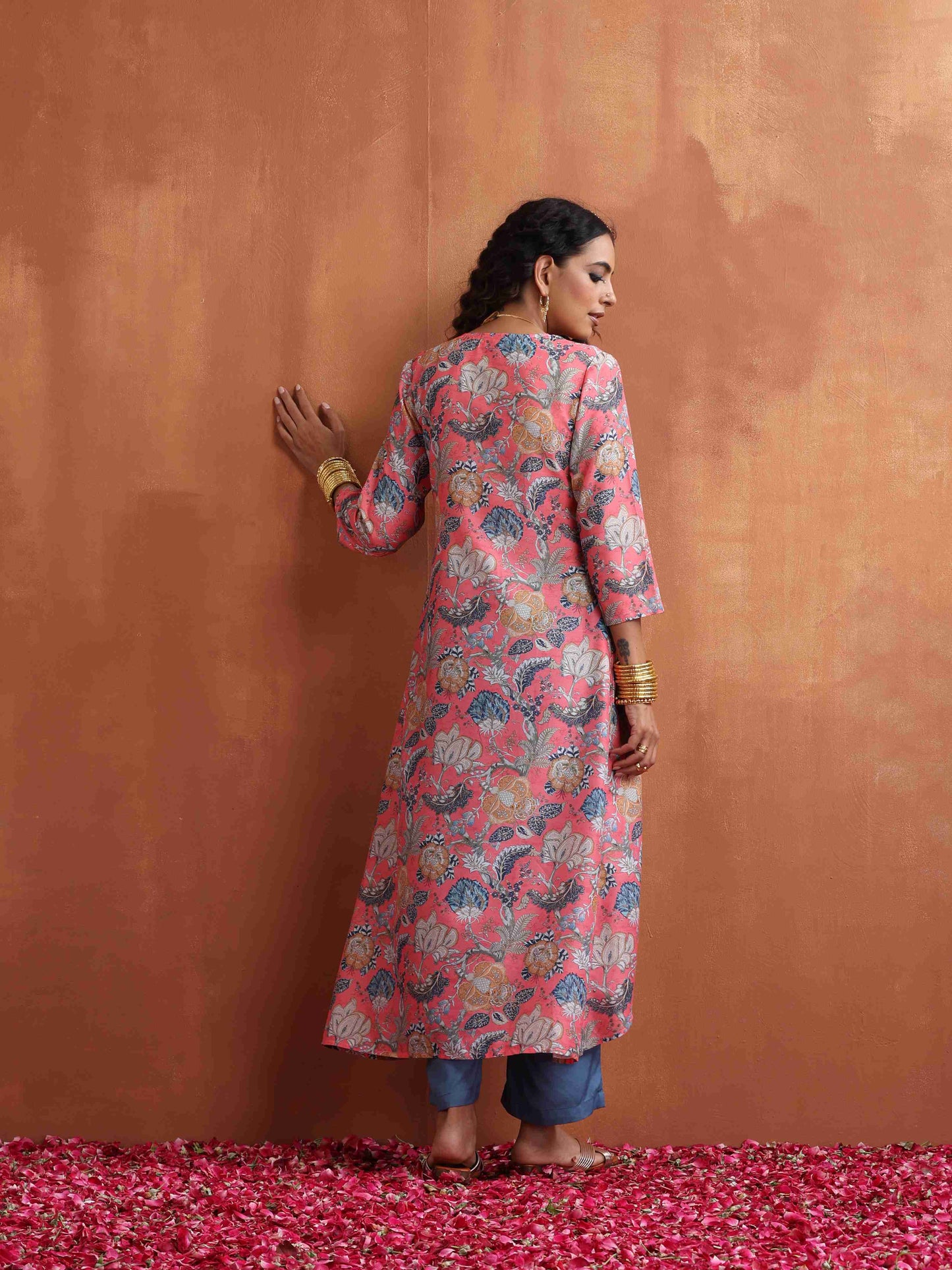trueBrowns Orange Print A-line Kurta Set | Swadesiicart