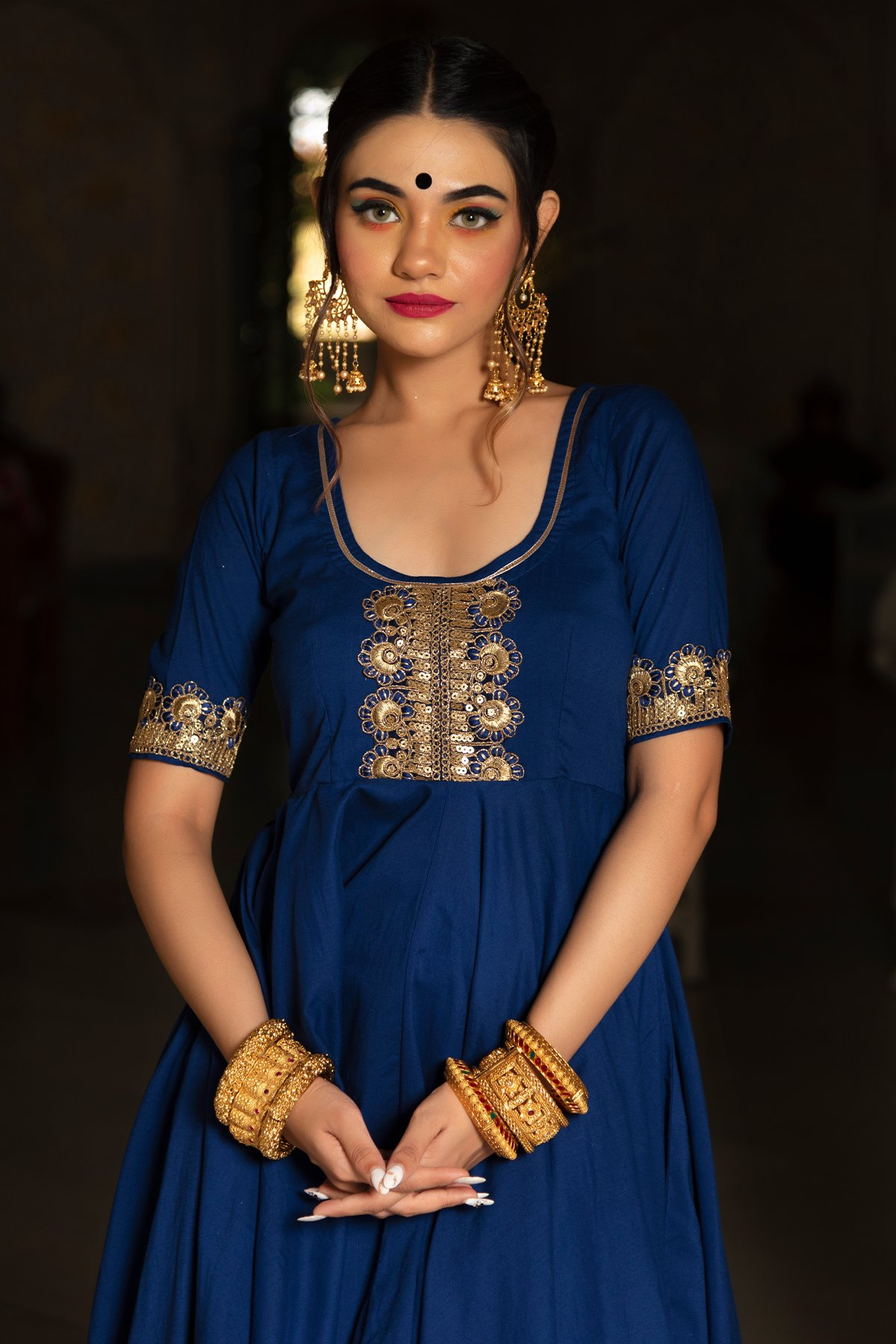 Pomcha Jaipur Minakari Blue Anarkali Set | Swadesiicart
