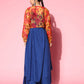 InWeave Women's Ink Blue Strappy Set With Pink Mustard Print Short Organza Cape - Swadesiicart