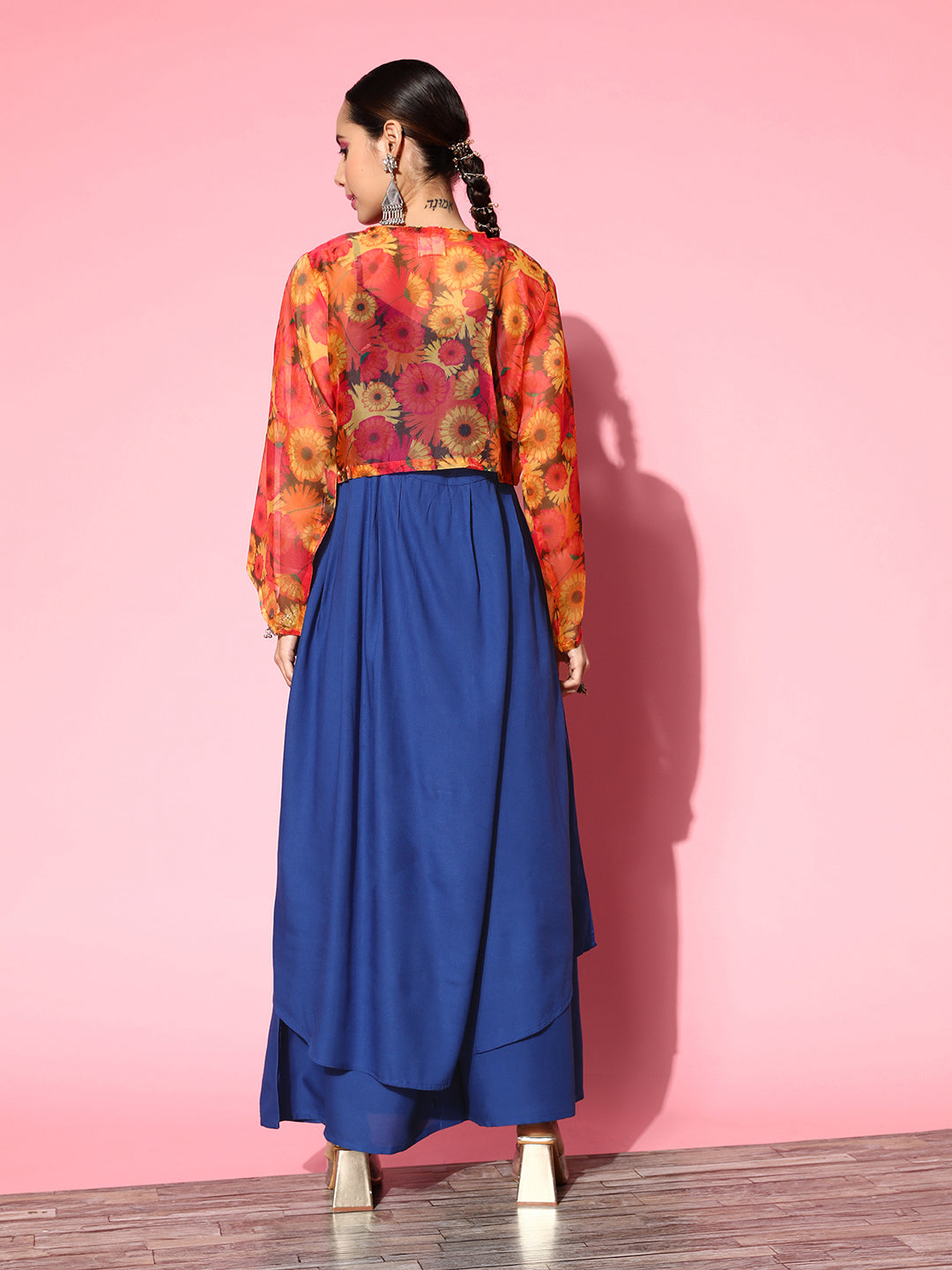 InWeave Women's Ink Blue Strappy Set With Pink Mustard Print Short Organza Cape - Swadesiicart